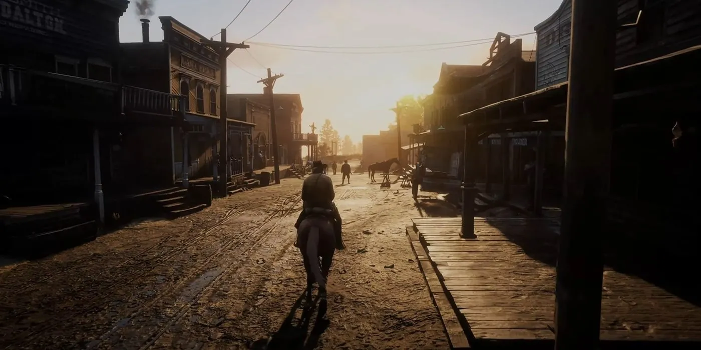 Arthur Morgan cưỡi ngựa khám phá thế giới mở sống động của Red Dead Redemption 2 gần Valentine