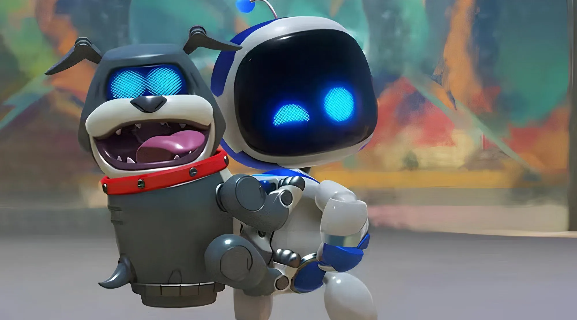 Astro Bot nhìn từ phía sau với nhiều nhân vật Bot nhỏ xung quanh trên nền xanh lá cây rực rỡ