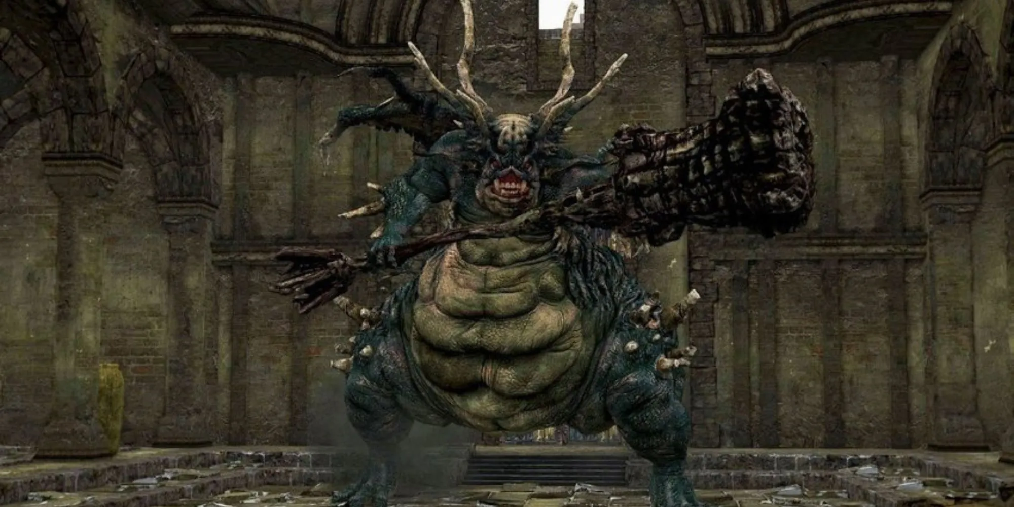 Asylum Demon to lớn và đáng sợ trong Dark Souls 1 đứng giữa khu vực hướng dẫn đổ nát