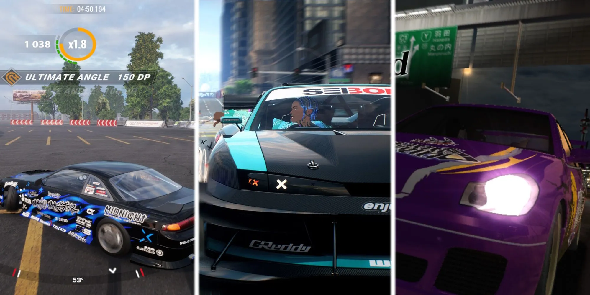 Ba chiếc xe thể thao drift kỹ thuật trên đường đua trong một tựa game đua xe co-op