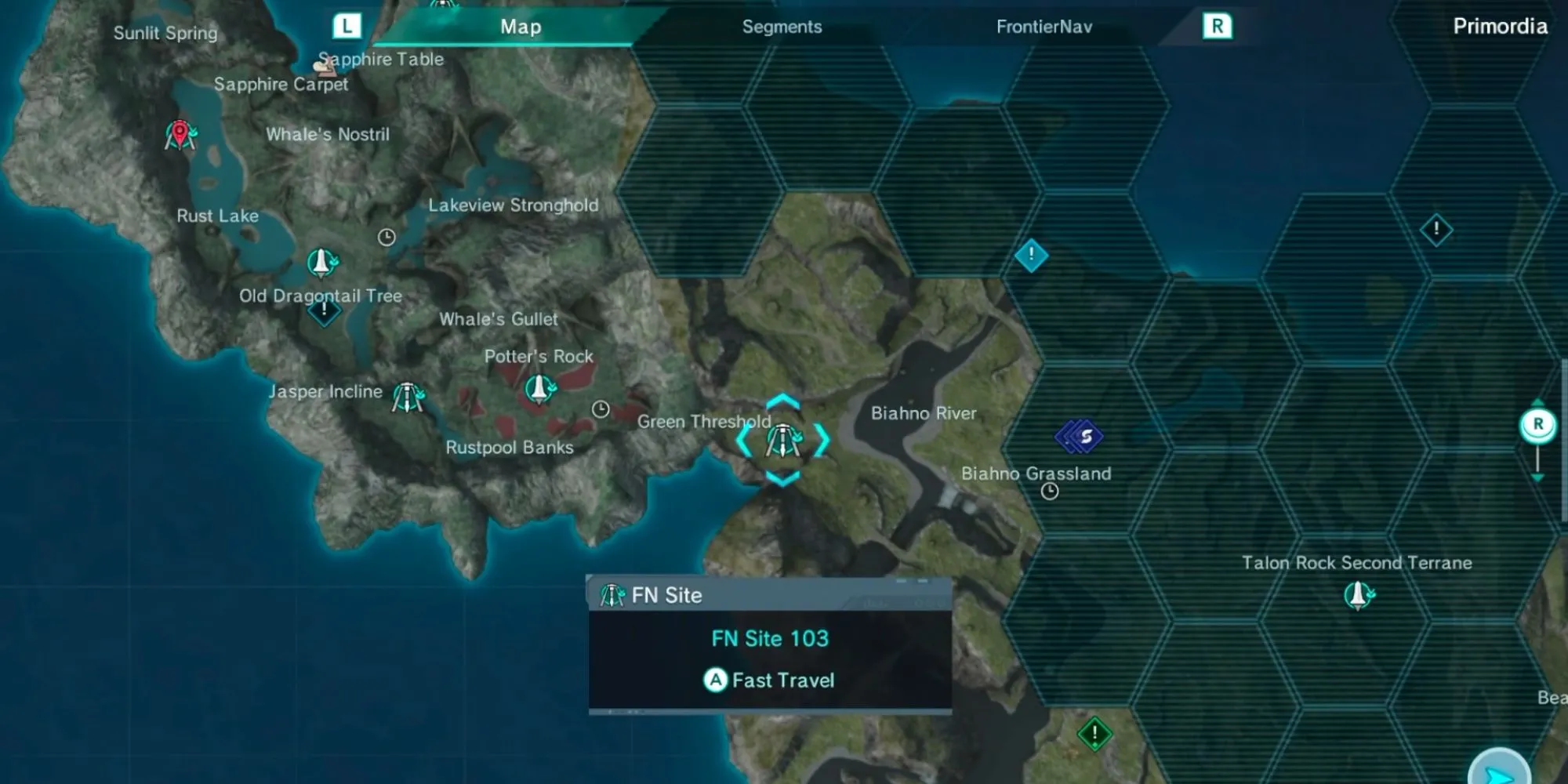 Bản đồ hiển thị các điểm FN Site gần Biahno River để dịch chuyển nhanh trong Xenoblade Chronicles X