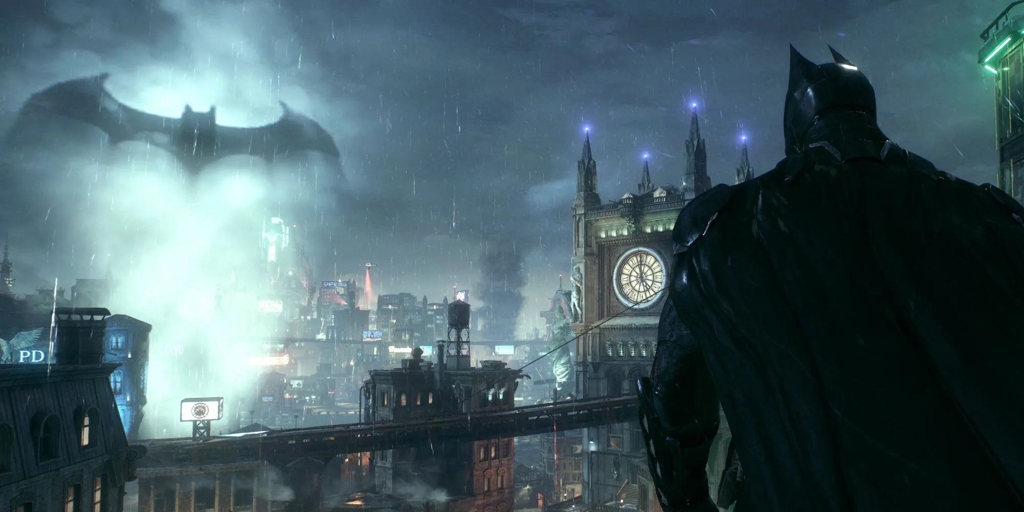 Batman nhìn xuống thành phố Arkham City từ một tòa nhà cao tầng