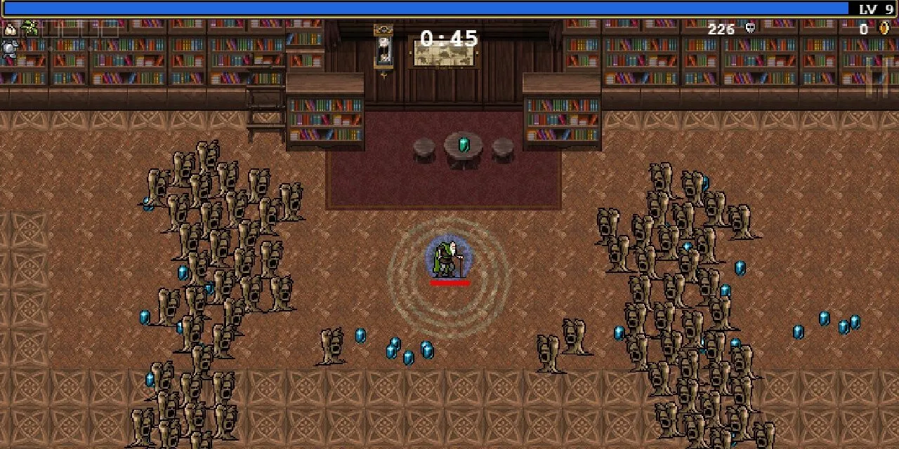 Bầy Dust Elemental hội tụ tấn công người chơi trong Vampire Survivors, minh họa cho lối chơi bullet heaven đặc trưng