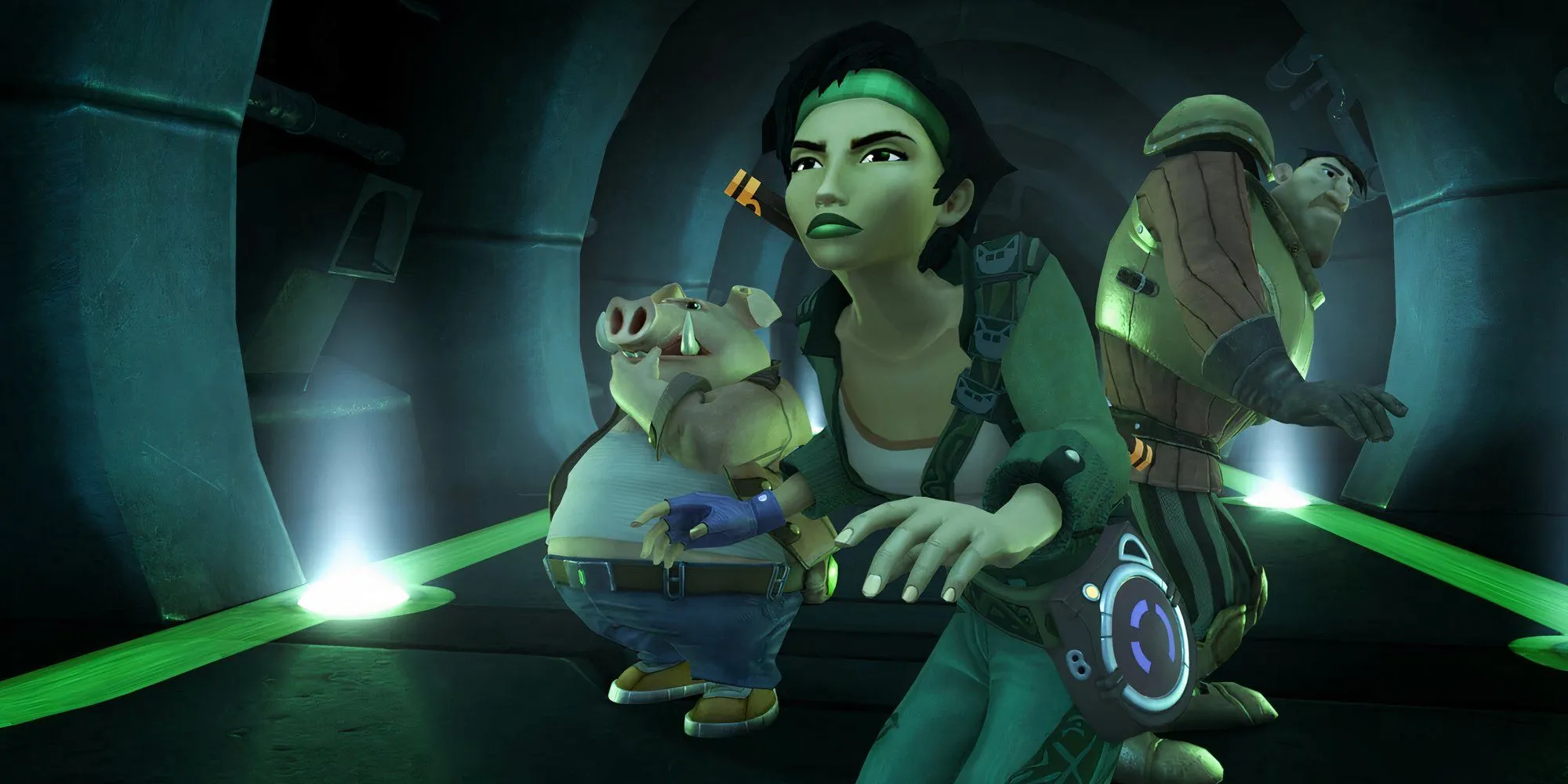 Beyond Good and Evil characters including Jade and Pey’j standing in a tunnel.
