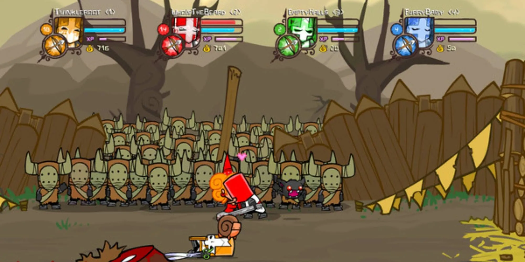 Bốn hiệp sĩ đầy màu sắc trong Castle Crashers đang chiến đấu với kẻ thù