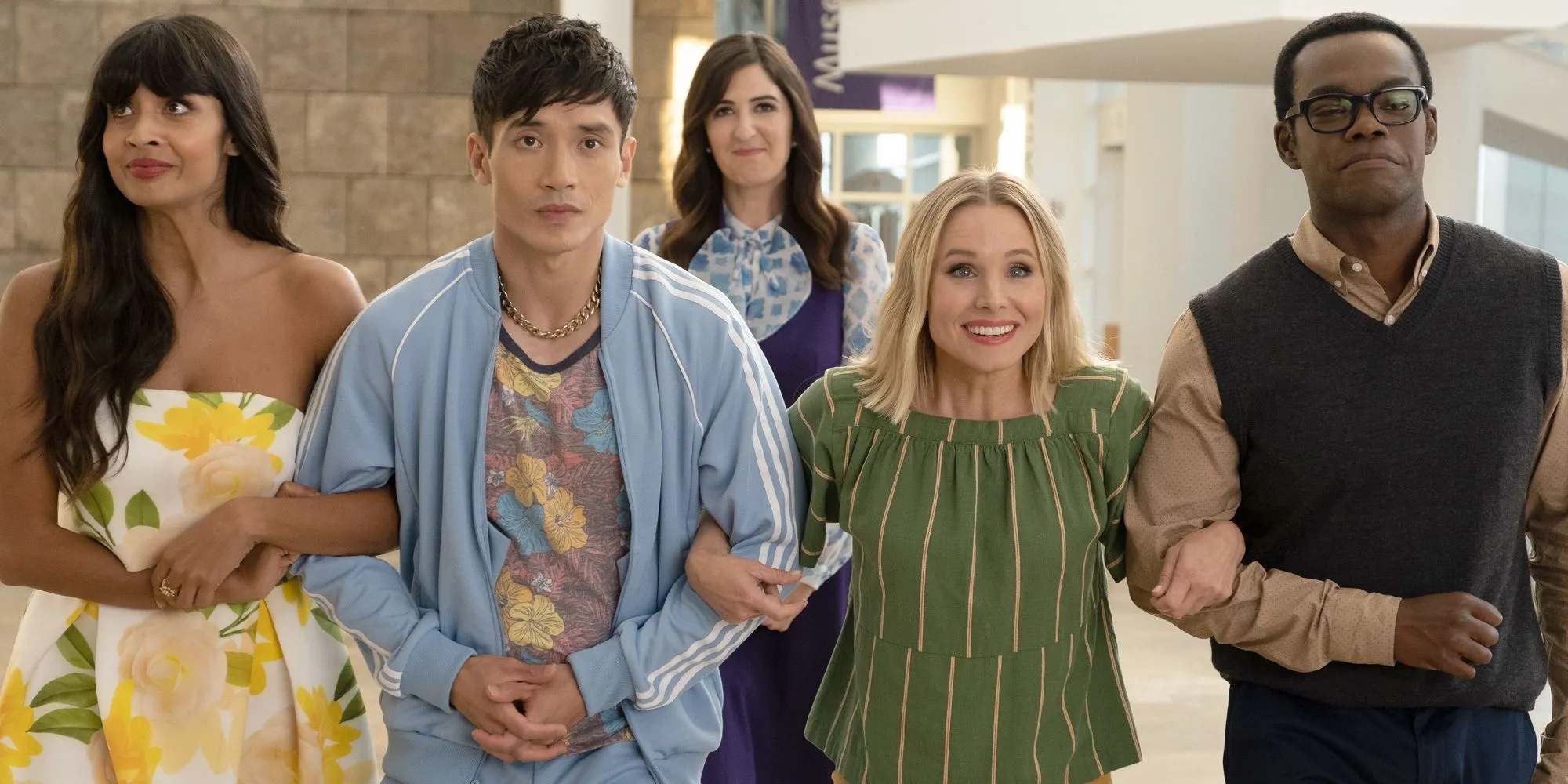 Bốn nhân vật chính Eleanor, Chidi, Jason và Tahani trong The Good Place, bối cảnh nơi ở giả &quot;Thiên Đường&quot;