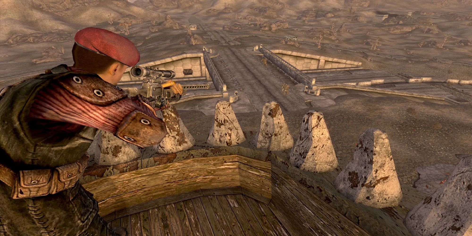 Boone trong Fallout New Vegas đang ngắm bắn bằng súng trường