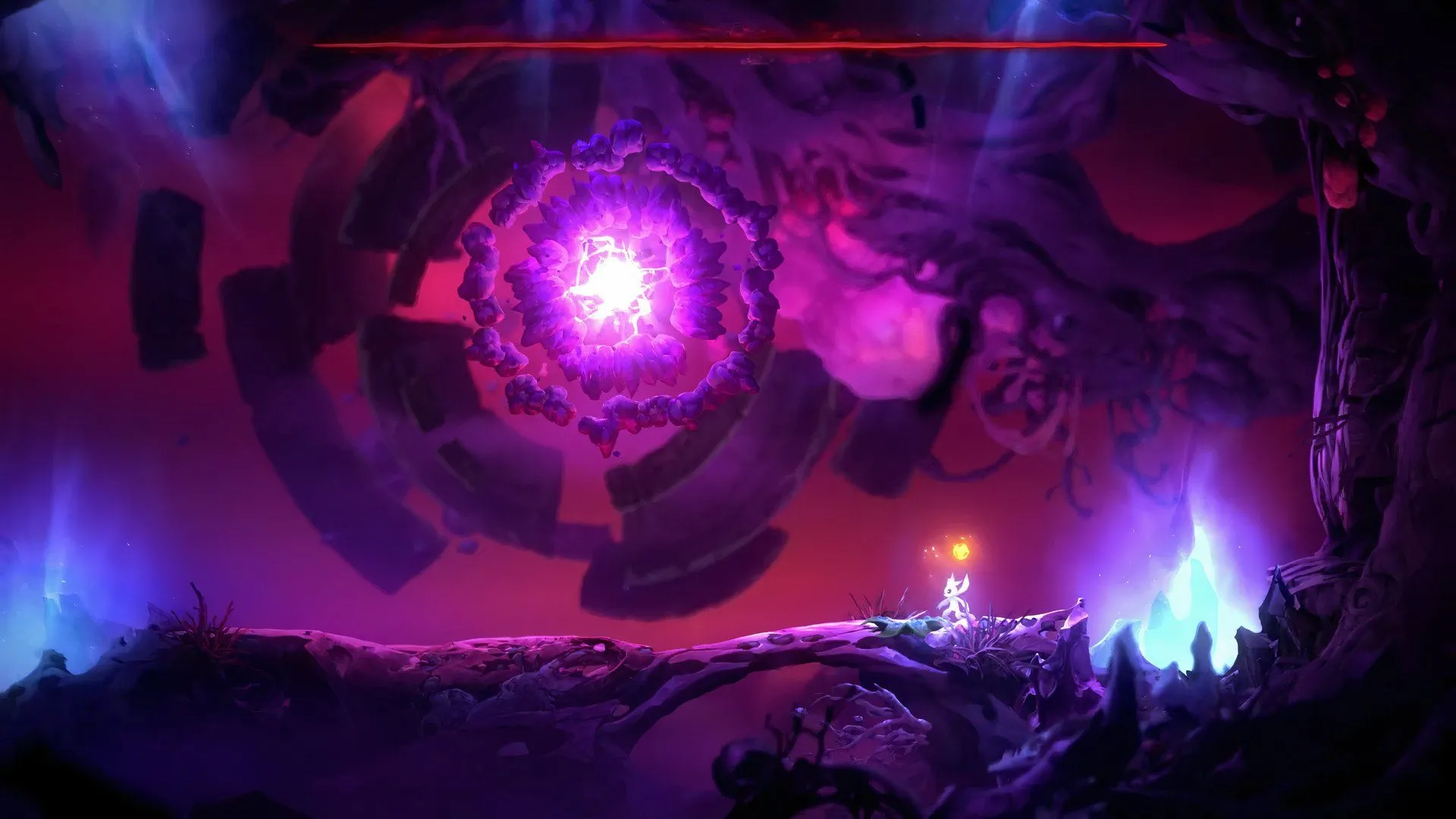 Boss Willow Stone lơ lửng phía trên nhân vật Ori
