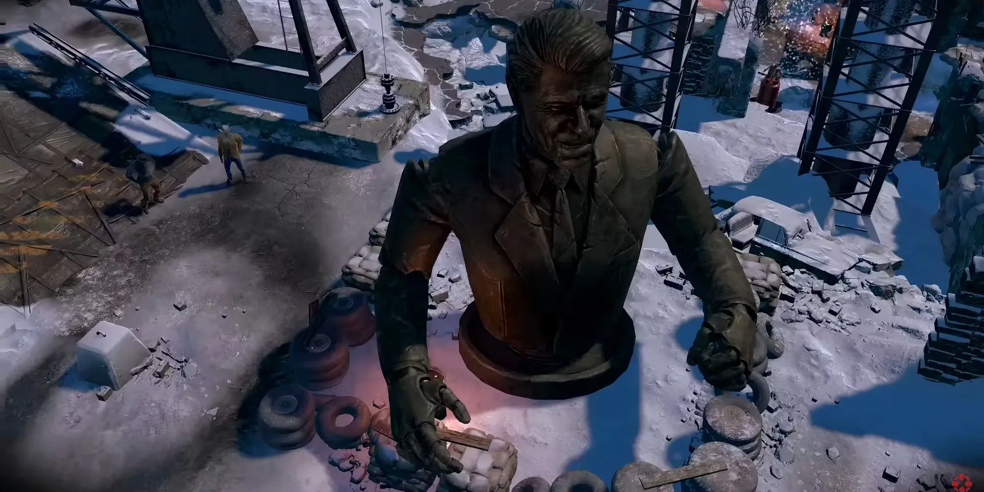 Bức tượng Ronald Reagan máy móc kỳ dị giữa vùng đất Colorado băng giá của Wasteland 3.