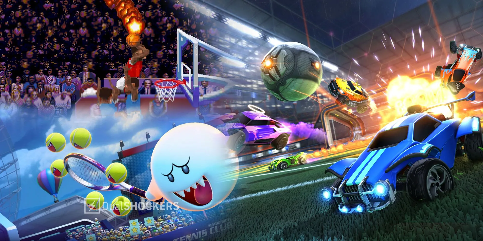 Các ảnh chụp màn hình gameplay của các game thể thao arcade như NBA Jam, Mario Tennis Aces và Rocket League