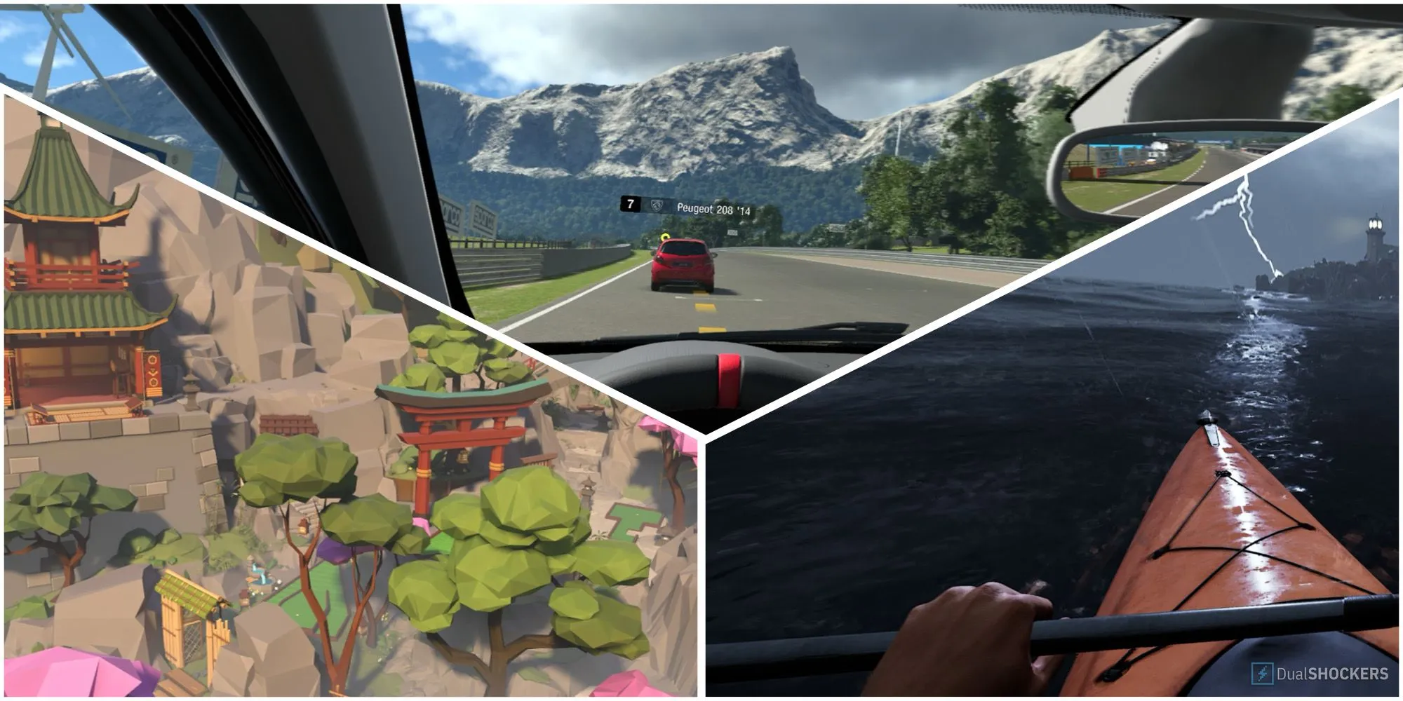 Các ảnh chụp màn hình từ các game thể thao VR như Walkabout Mini Golf, Gran Turismo 7 và Kayak VR: Mirage