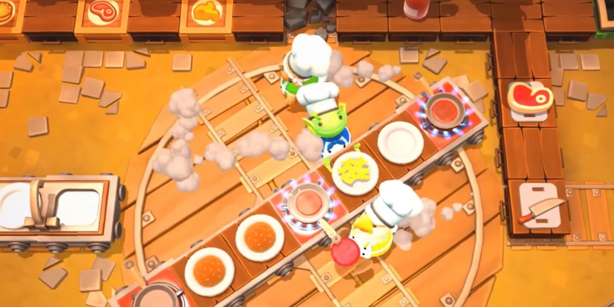 Các đầu bếp tí hon trong Overcooked 2 hỗn loạn chuẩn bị món ăn