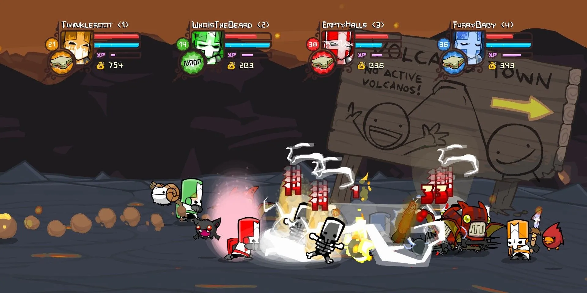 Các hiệp sĩ Castle Crashers đang chiến đấu chống lại kẻ thù trong một màn chơi đầy màu sắc