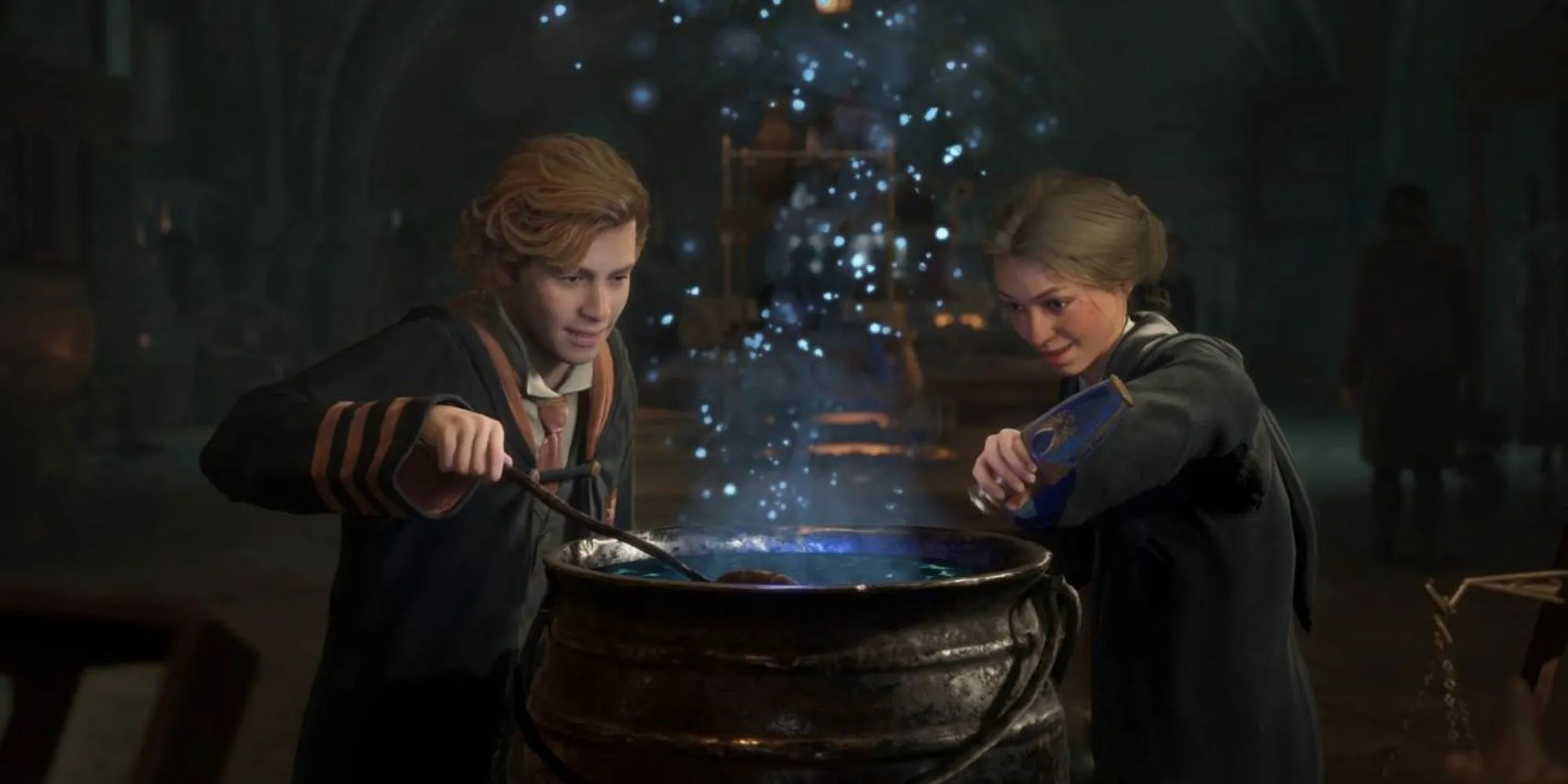 Các học sinh Hogwarts Legacy đang chăm chú học cách pha chế độc dược trong một lớp học phép thuật
