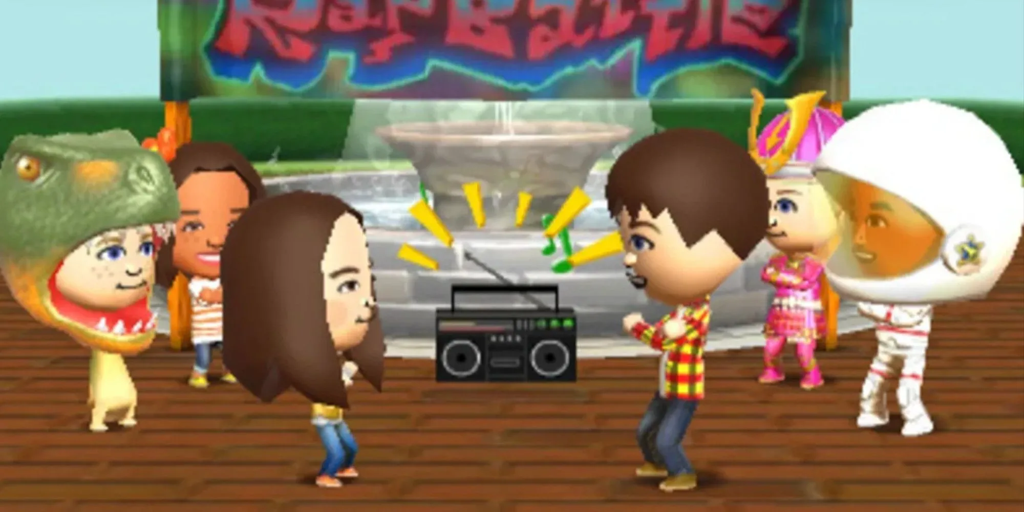 Các nhân vật Mii hóa trang nhảy múa bên cạnh chiếc boombox trong Tomodachi Life.