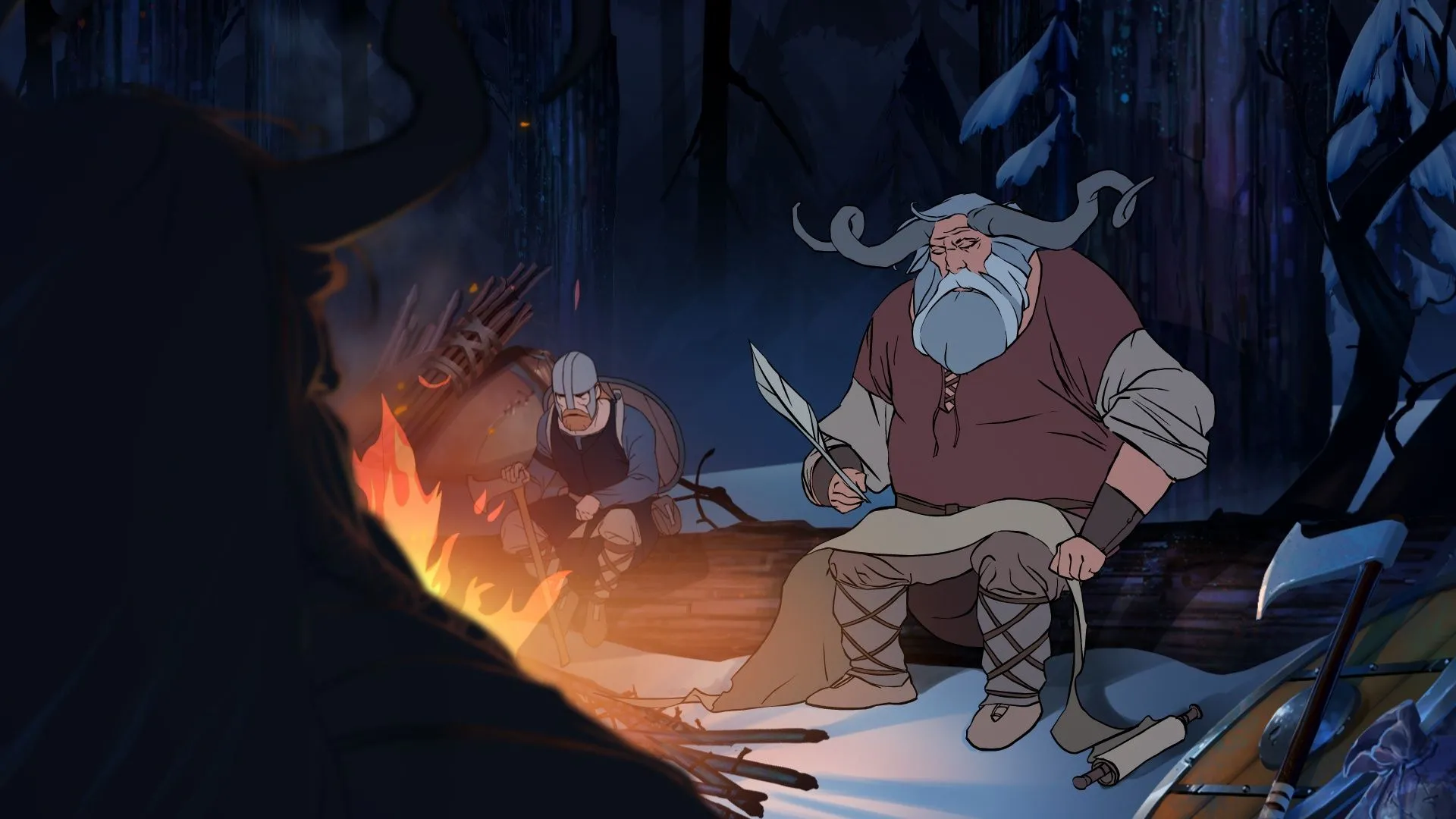 Các nhân vật nghỉ chân bên lửa trại trong game The Banner Saga, gợi ý series hoạt hình chiến lược cốt truyện sâu sắc