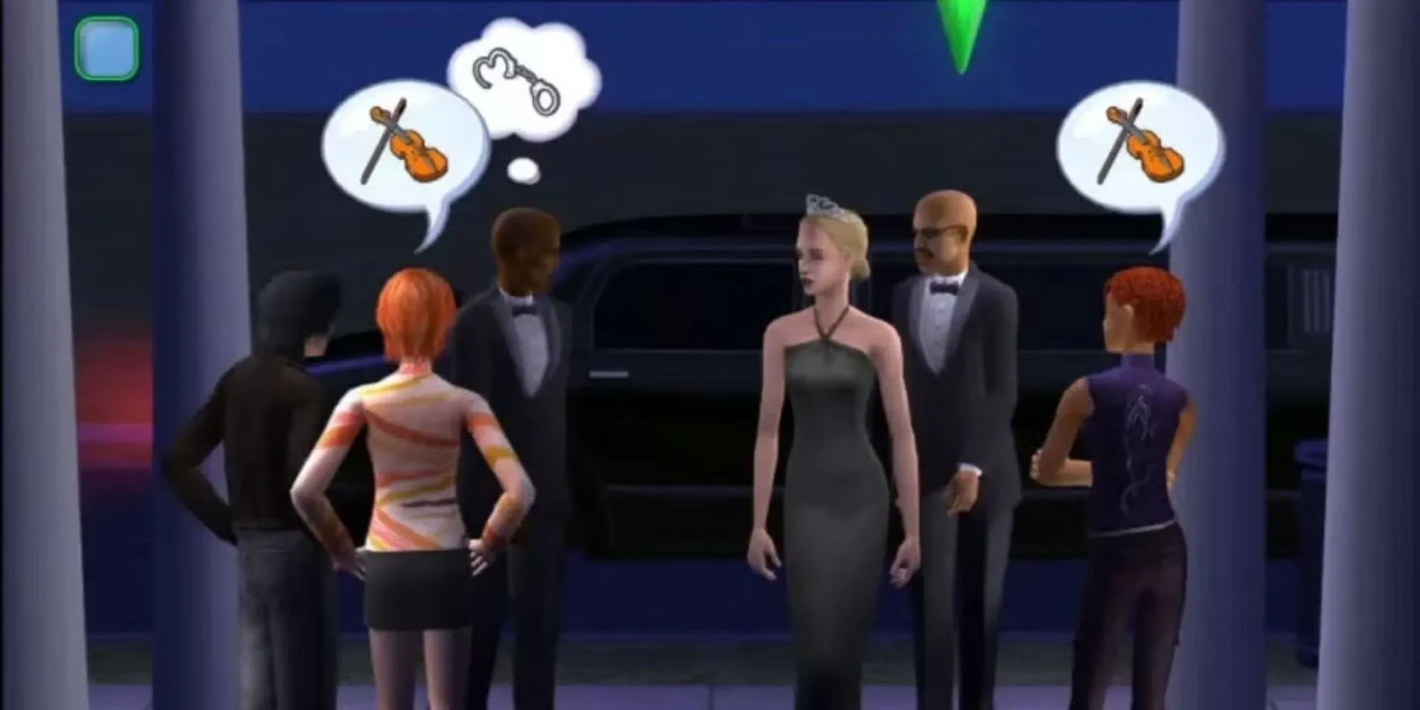 Các nhân vật Sim trao đổi lời thoại tại sự kiện thảm đỏ trong The Sims 2.