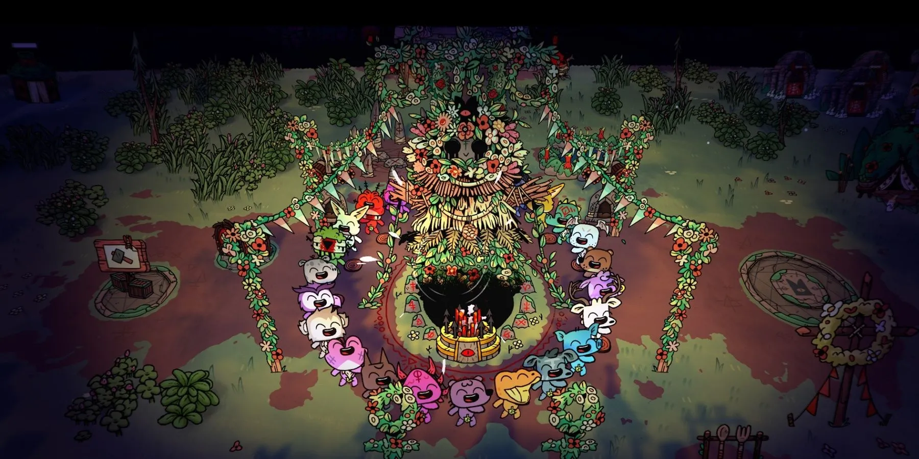 Các tín đồ đang nhảy múa trong game Cult of the Lamb, minh họa phong cách hoạt hình đáng yêu nhưng đen tối