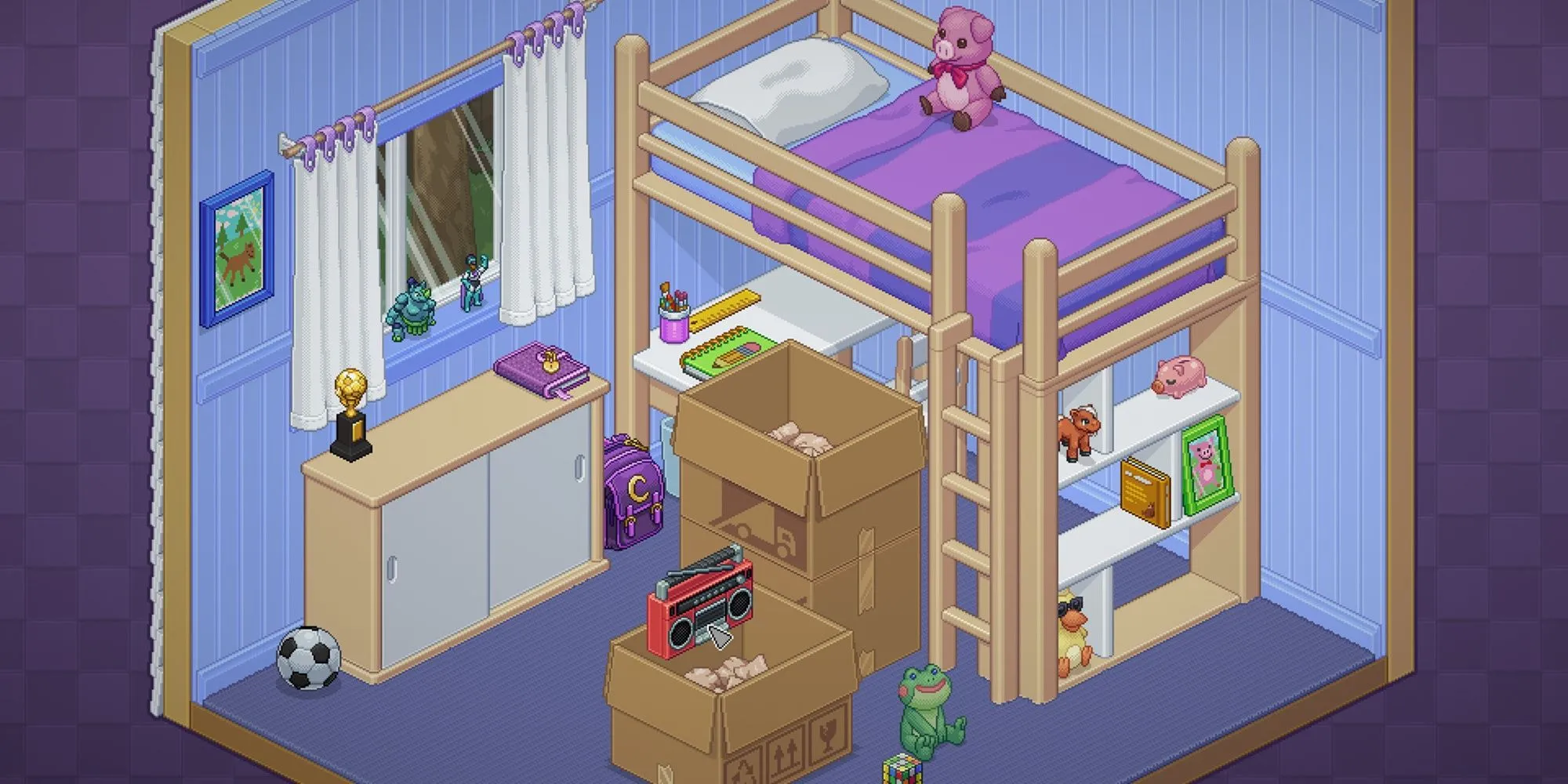 Căn phòng đầu tiên trong game Unpacking với nhiều thùng đồ chưa mở