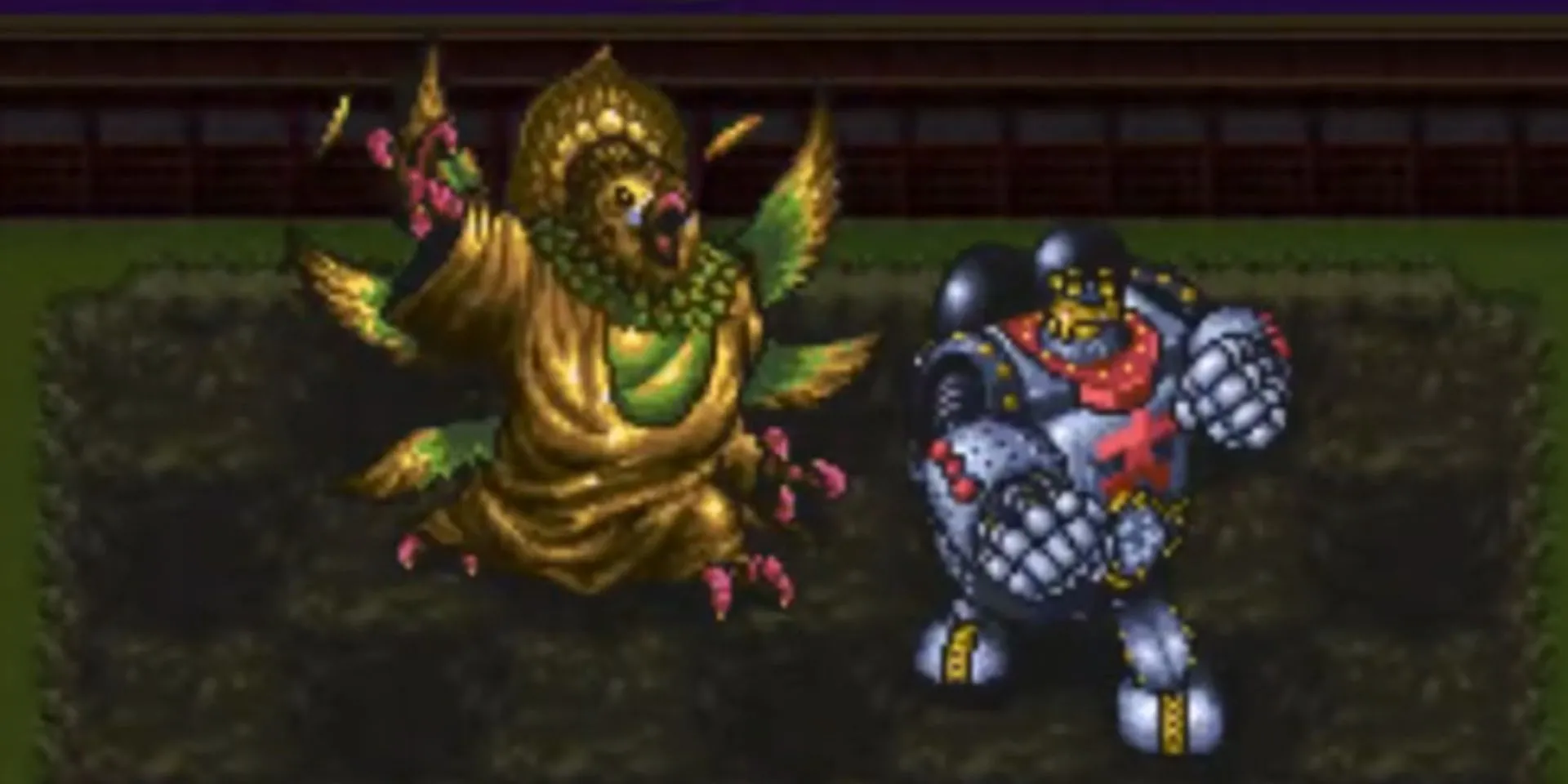 Cảnh chiến đấu giữa Buriki Daioh và Great Inko trong game JRPG Live A Live trên SNES
