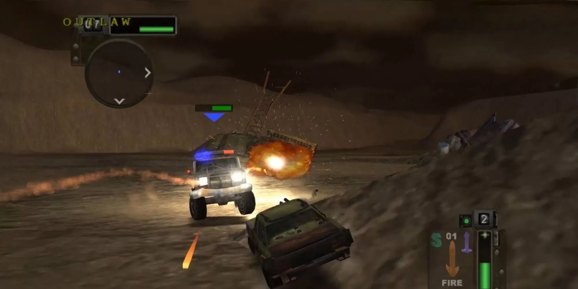 Cảnh chiến đấu hỗn loạn trong Twisted Metal: Black trên PS2 với các phương tiện trang bị vũ khí.