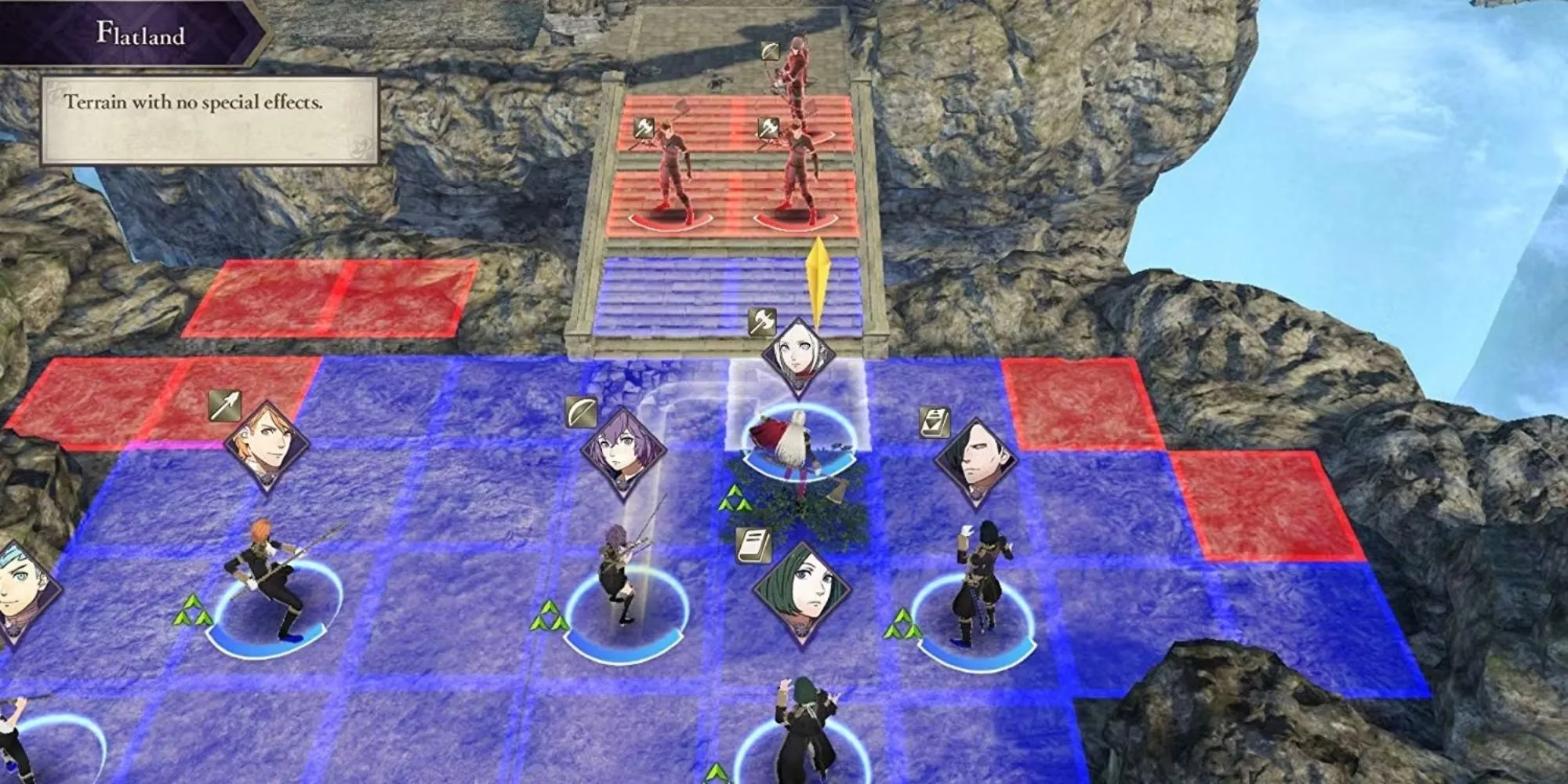 Cảnh chiến đấu theo lượt trên bản đồ lưới trong Fire Emblem: Three Houses.