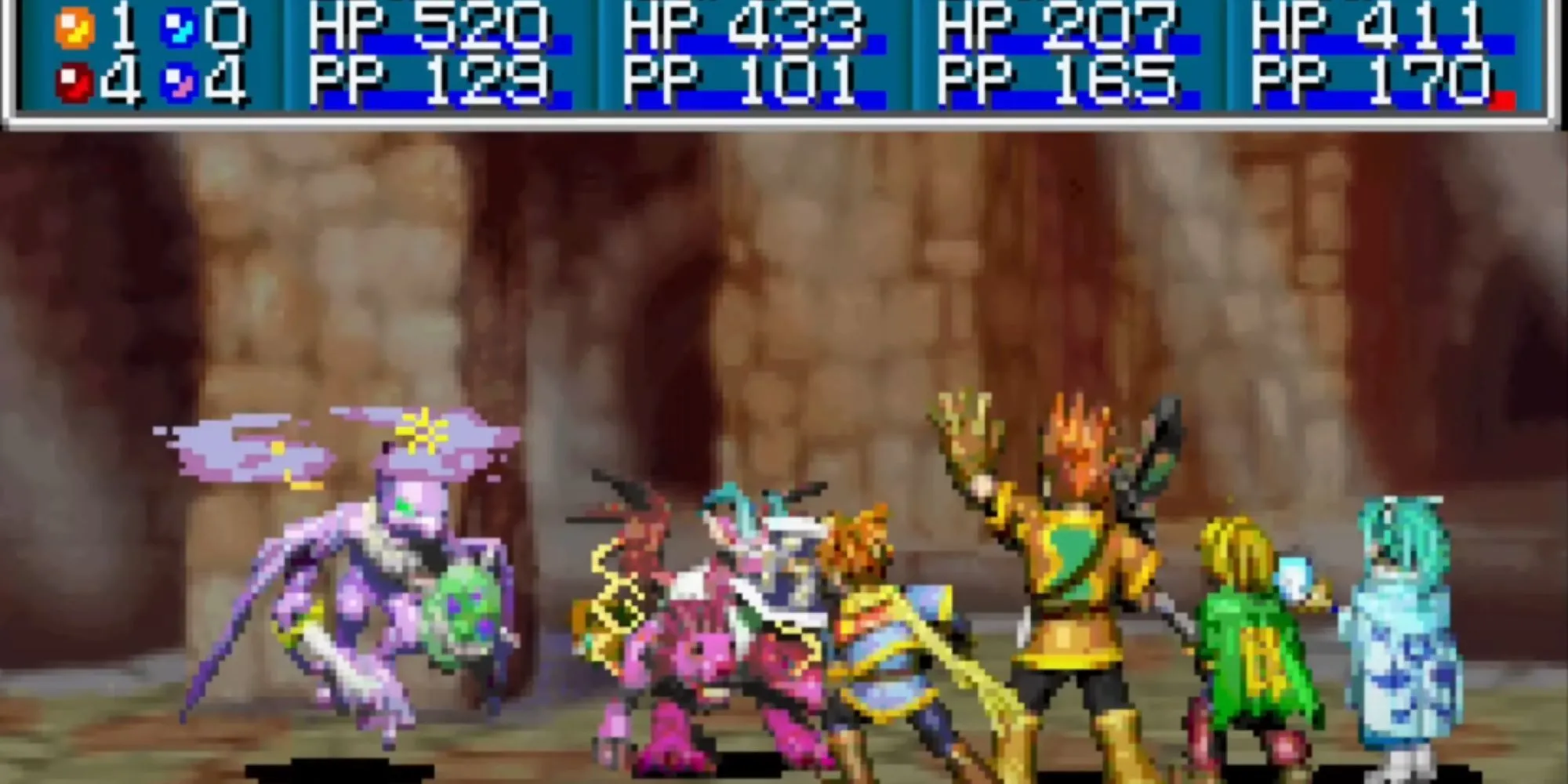 Cảnh chiến đấu theo lượt trong game JRPG Golden Sun trên GBA