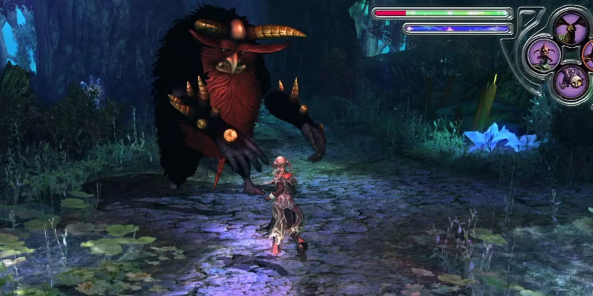 Cảnh chiến đấu trong game Folklore trên PS3, nhân vật sử dụng kỹ năng đặc biệt chống lại quái vật