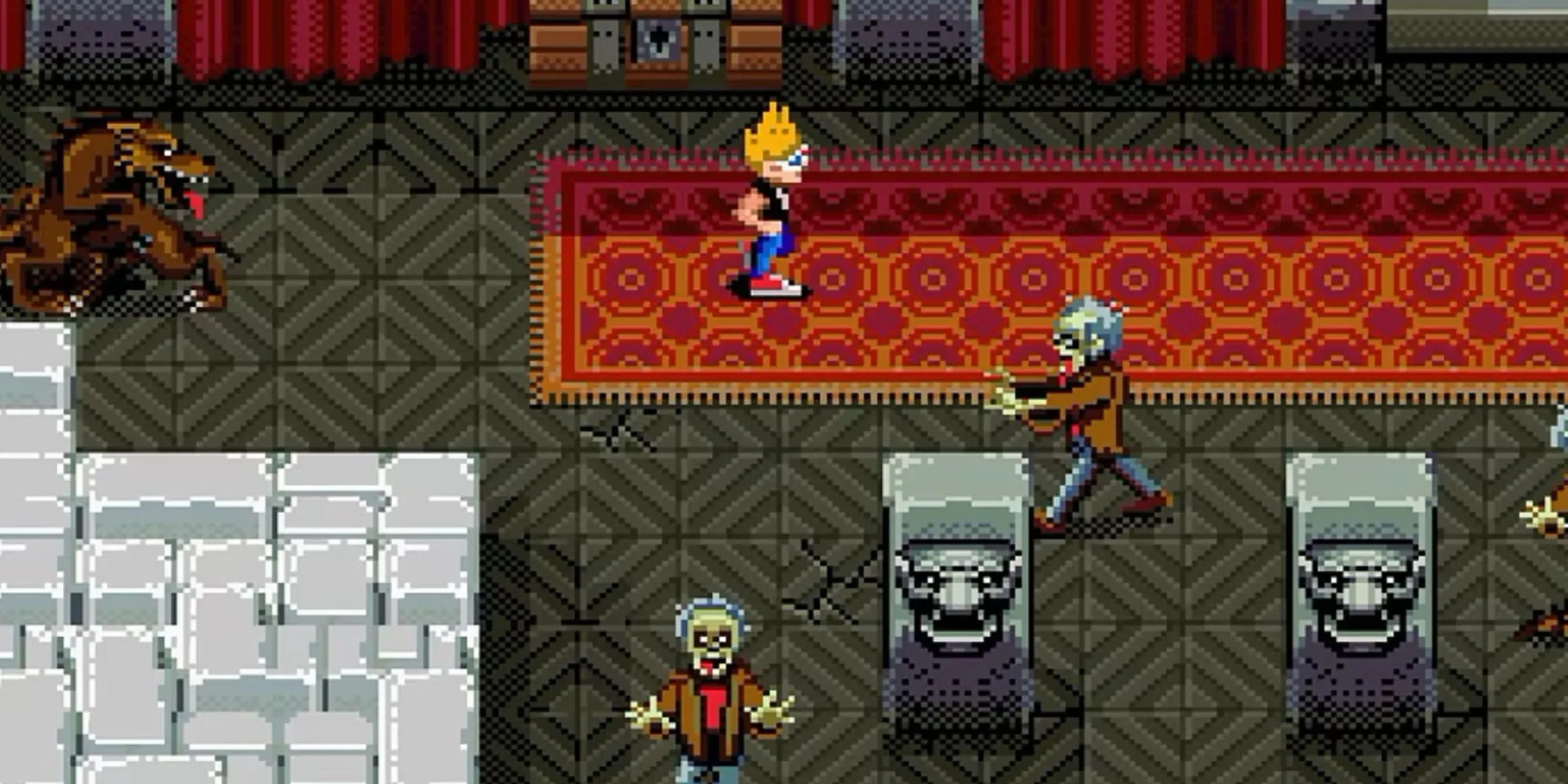 Cảnh chiến đấu với zombie và người sói trong game Zombies Ate My Neighbors trên SNES, thể loại run and gun