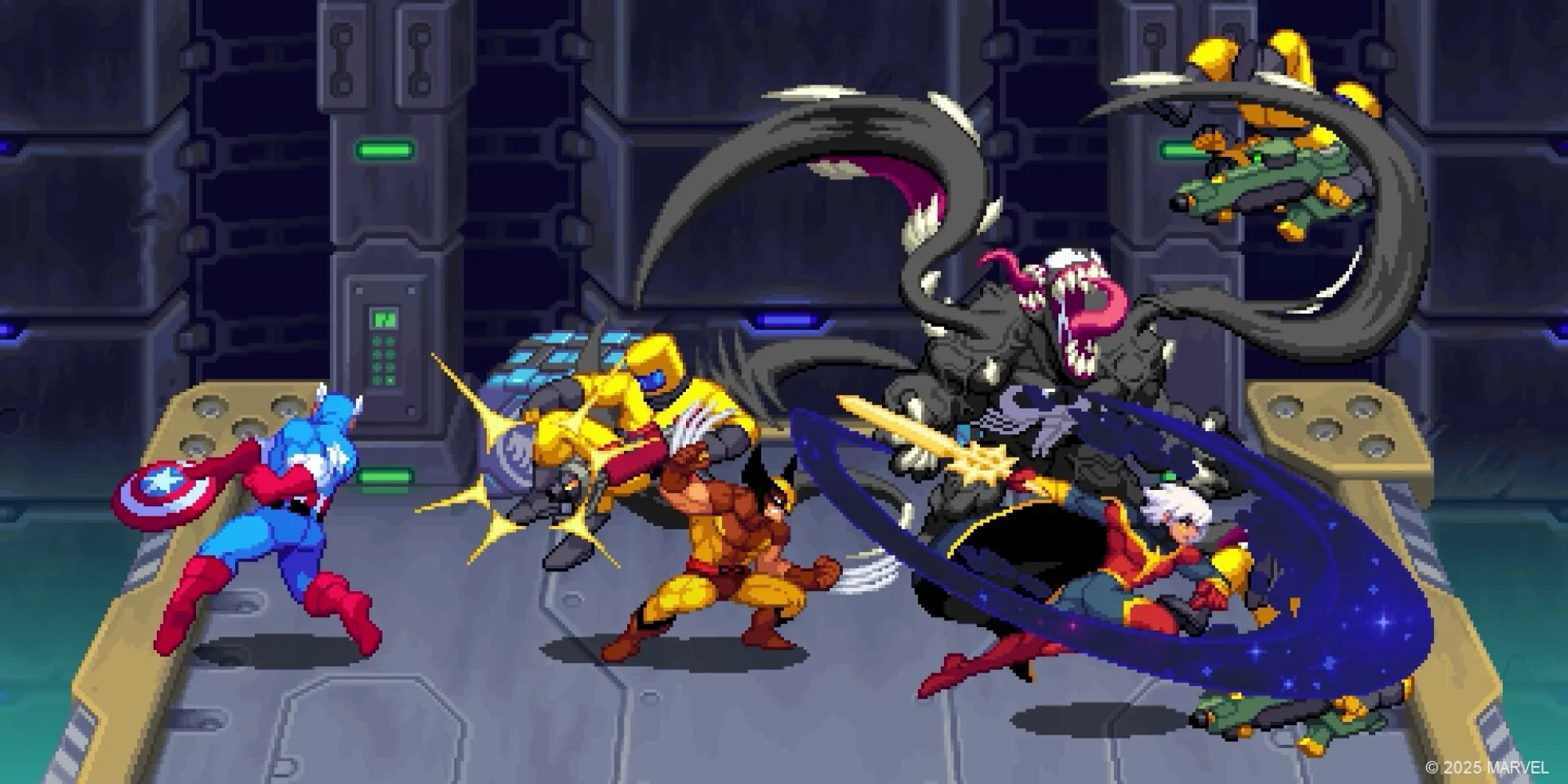 Cảnh gameplay game Marvel Cosmic Invasion với sự góp mặt của Wolverine, Captain America, Venom và Phyla-Vel