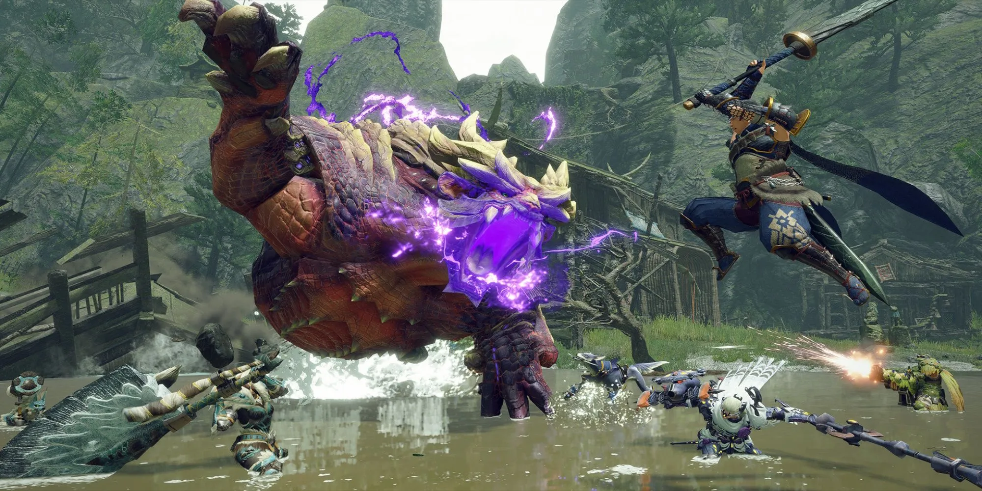 Cảnh gameplay săn quái vật trong game Monster Hunter Rise.