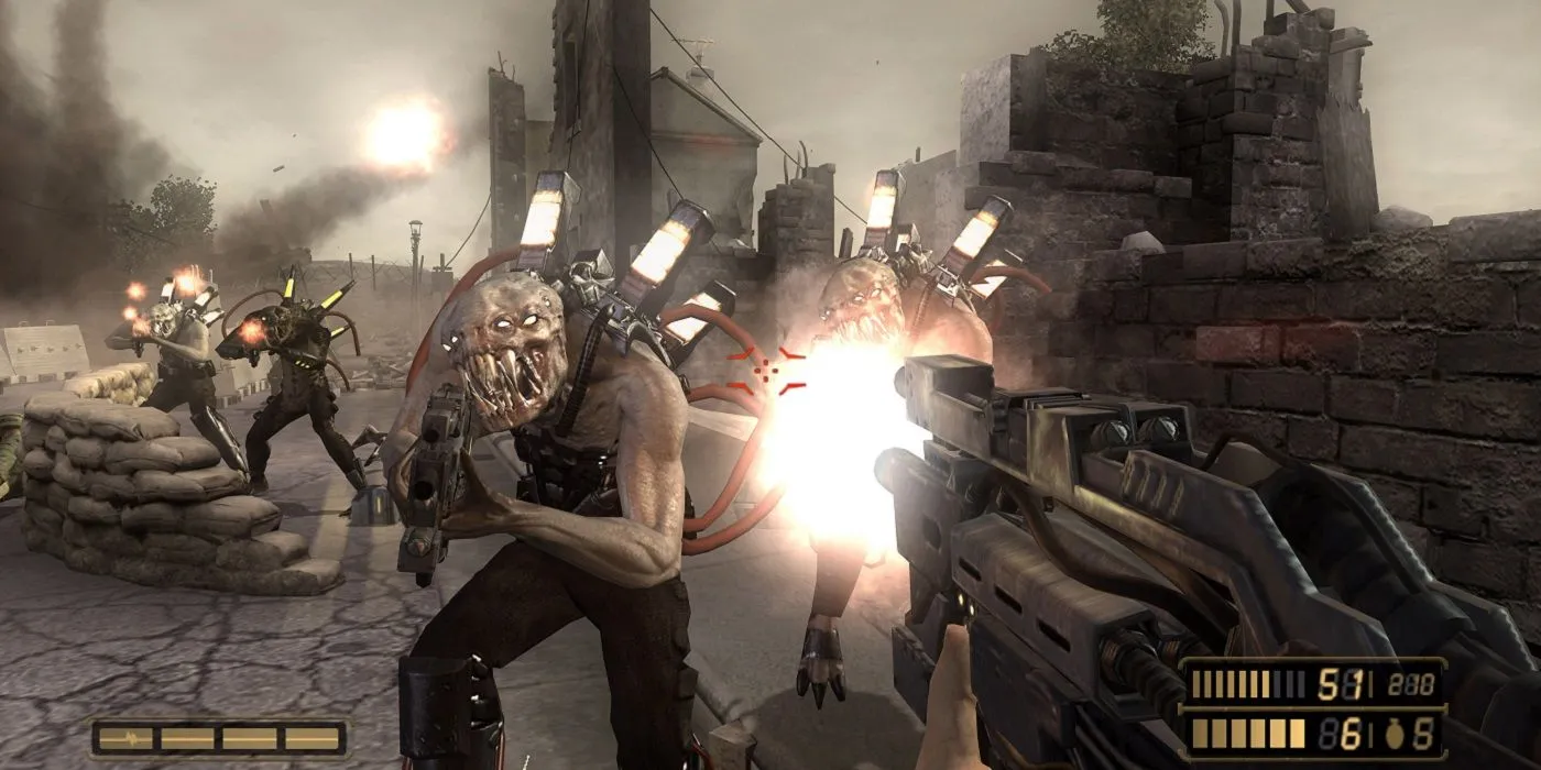 Cảnh gameplay từ game Resistance Fall of Man cho PS3, thể hiện nhân vật chính đang chiến đấu chống lại quái vật Chimera trong môi trường bị tàn phá