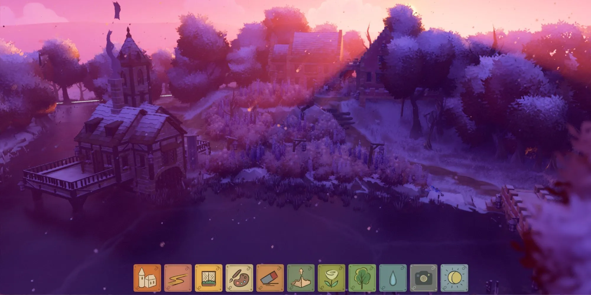 Cảnh hoàng hôn tím thơ mộng với lâu đài trong game Tiny Glade