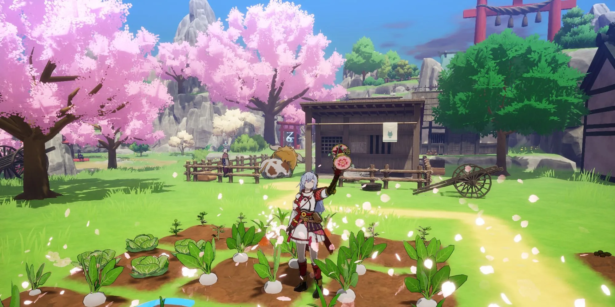 Cảnh làm nông trại trong game Rune Factory Guardians of Azuma