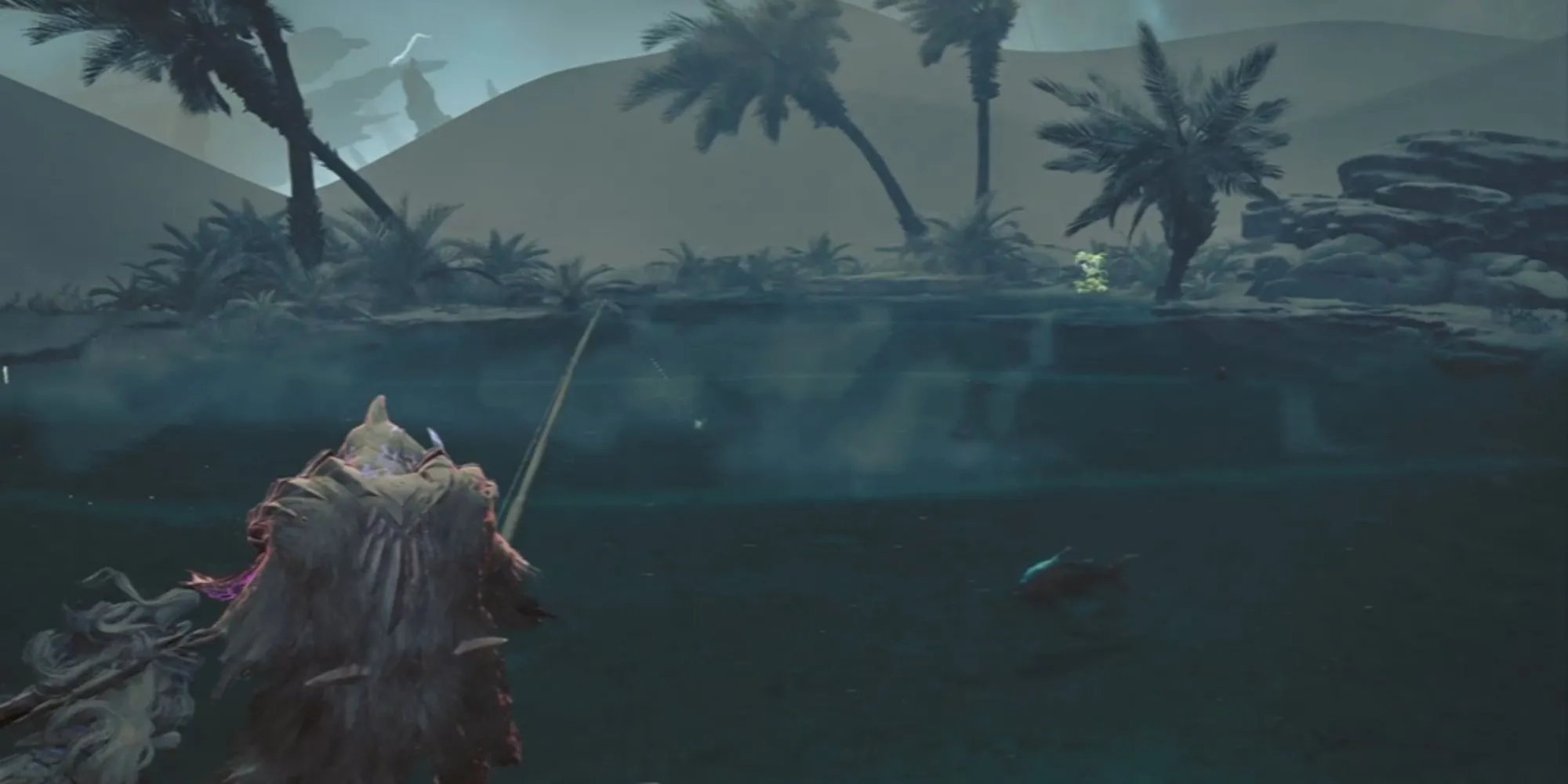 Cảnh nhân vật đang câu cá trong game Monster Hunter Wilds