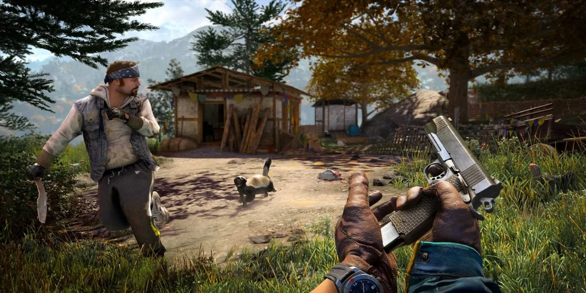 Cảnh săn bắn trong game Far Cry 4, người chơi ngắm bắn con vật trong môi trường rừng núi