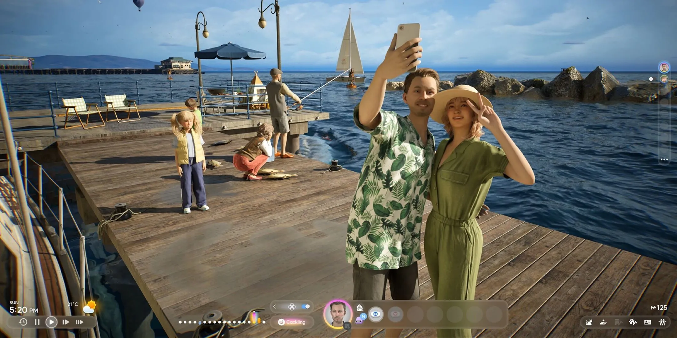 Cặp đôi nhân vật Zoi trong game inZOI đang vui vẻ chụp ảnh selfie bên bờ sông với khung cảnh thành phố phía sau