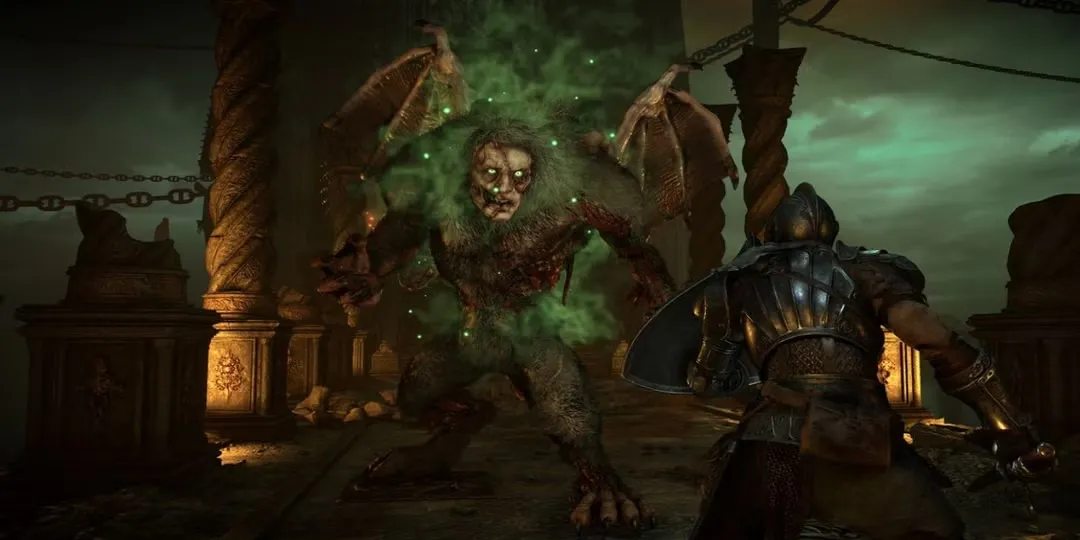 Cặp trùm Maneaters bay lượn trên một cây cầu hẹp trong Demon's Souls Remake, gây khó khăn cho người chơi