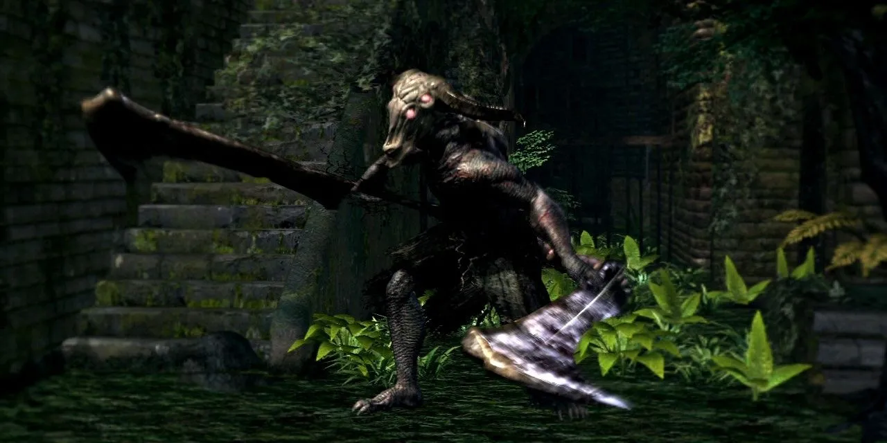 Capra Demon trong Dark Souls lao tới tấn công người chơi trong một không gian cực kỳ chật hẹp cùng hai con chó
