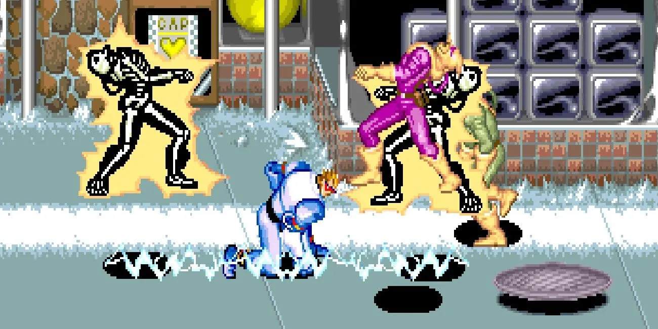 Captain Commando sử dụng đòn điện gây sát thương kẻ thù trong game beat 'em up Captain Commando trên SNES