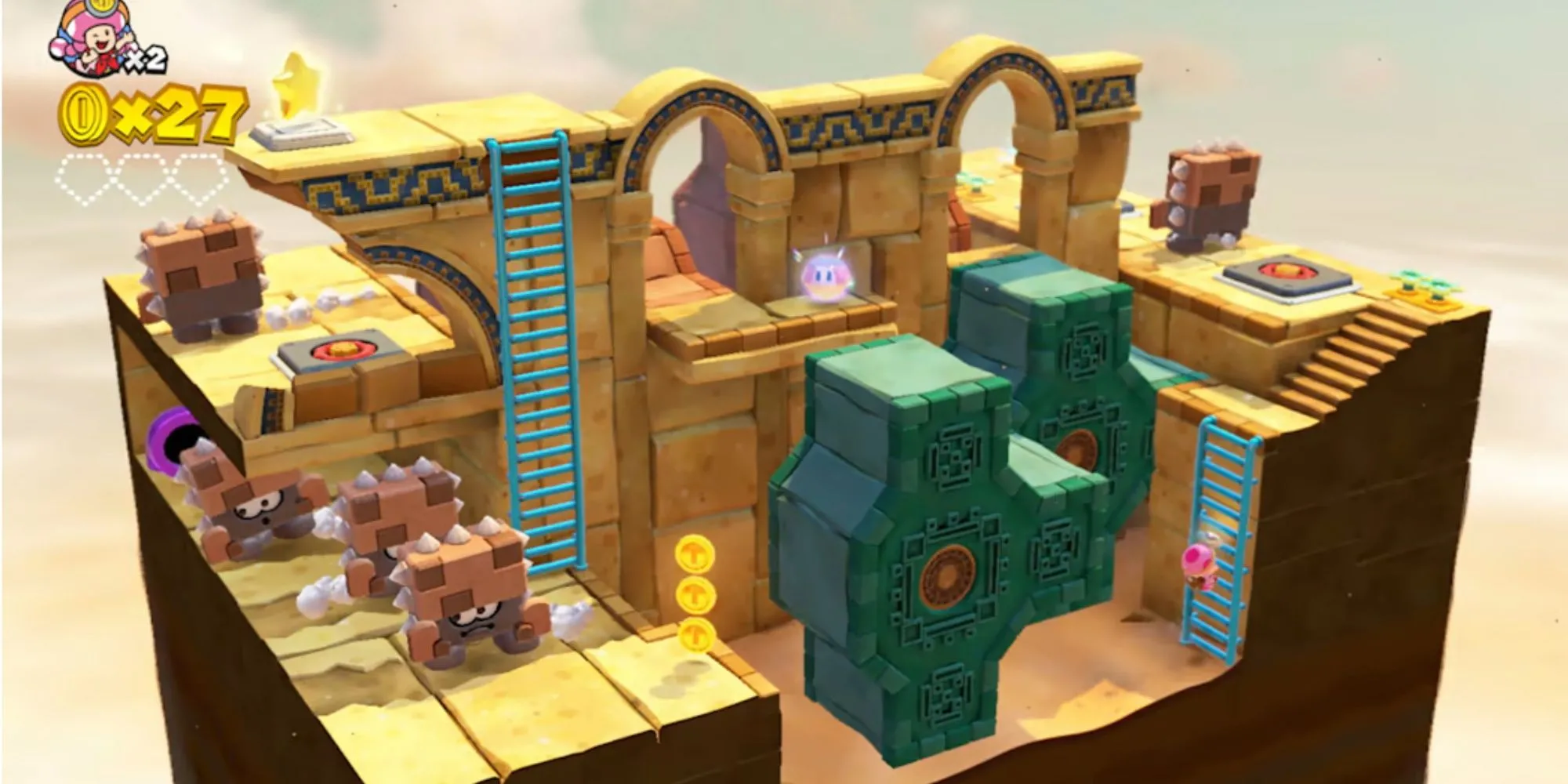 Captain Toad đang đi bộ trên một đường ray trong màn chơi đầy màu sắc của Captain Toad Treasure Tracker