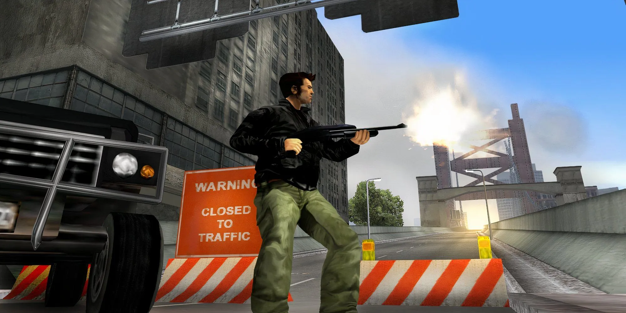 Claude nhân vật chính GTA 3 đang bắn súng trường ở ngoài trời