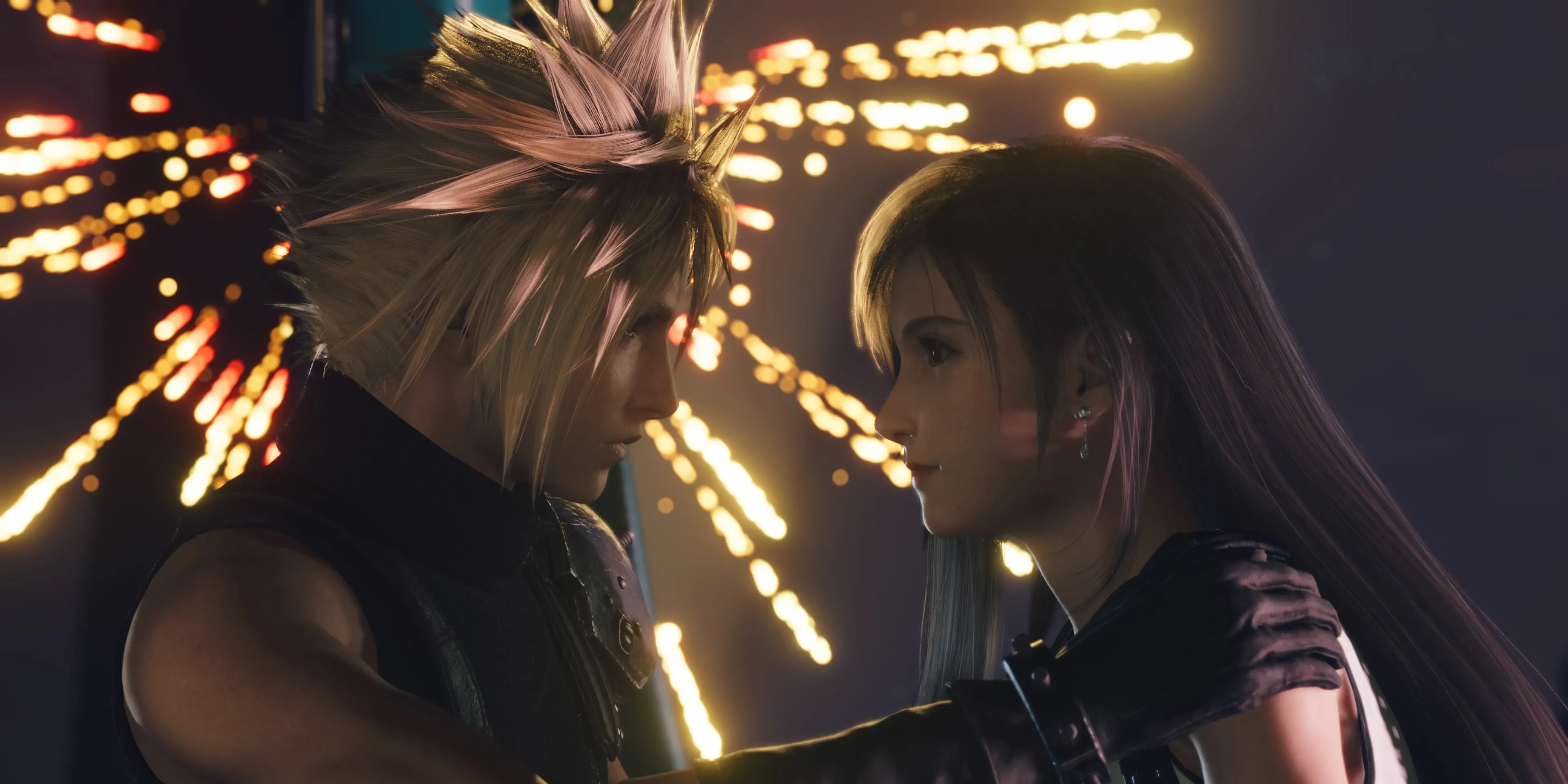 Cloud và Tifa trong một phân cảnh cinematic của Final Fantasy VII Rebirth, sắc nét và chi tiết hơn trên PS5 Pro