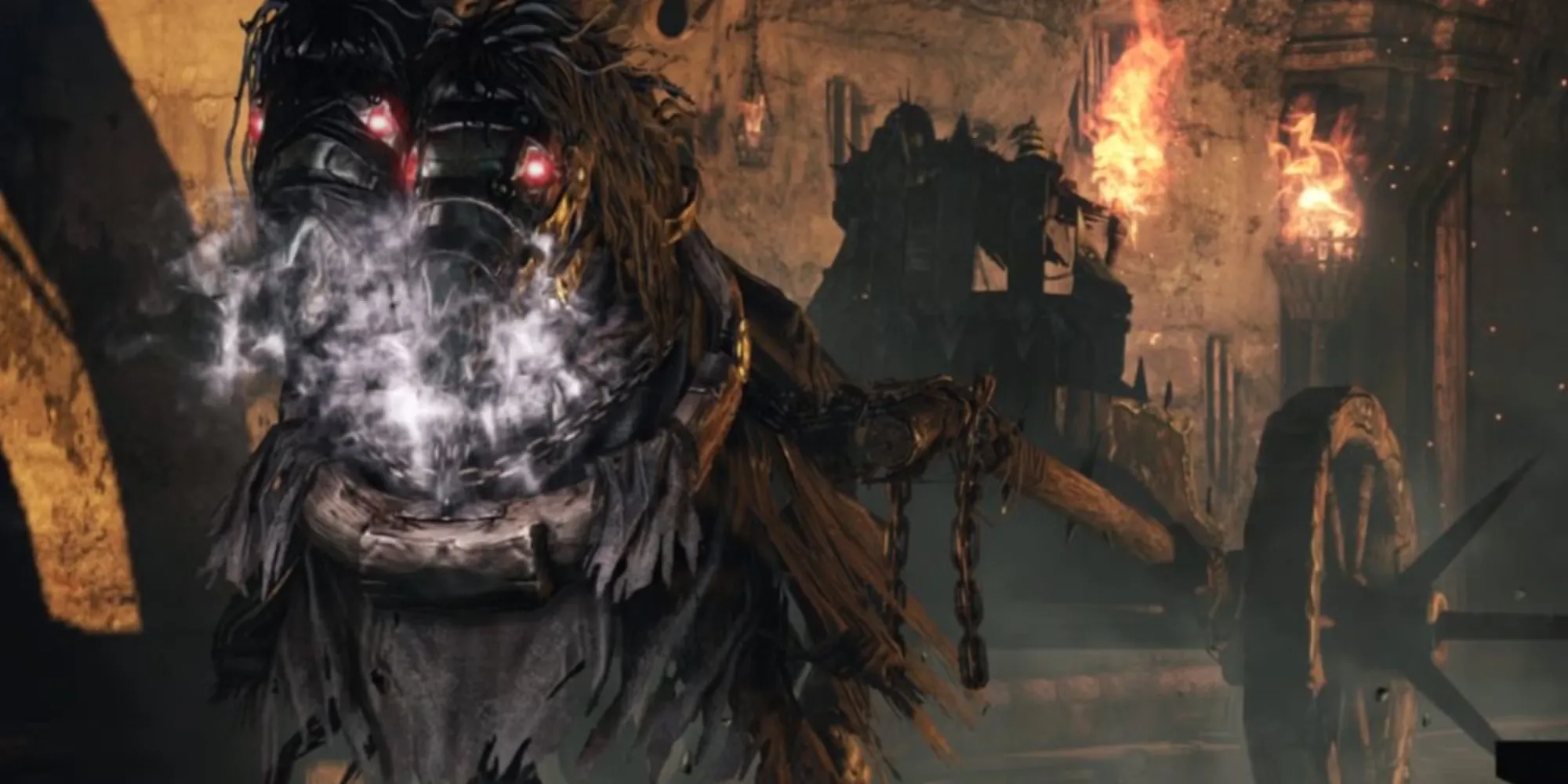 Cỗ xe Executioner's Chariot Dark Souls 2 lao vun vút trong một đấu trường hình tròn tối tăm
