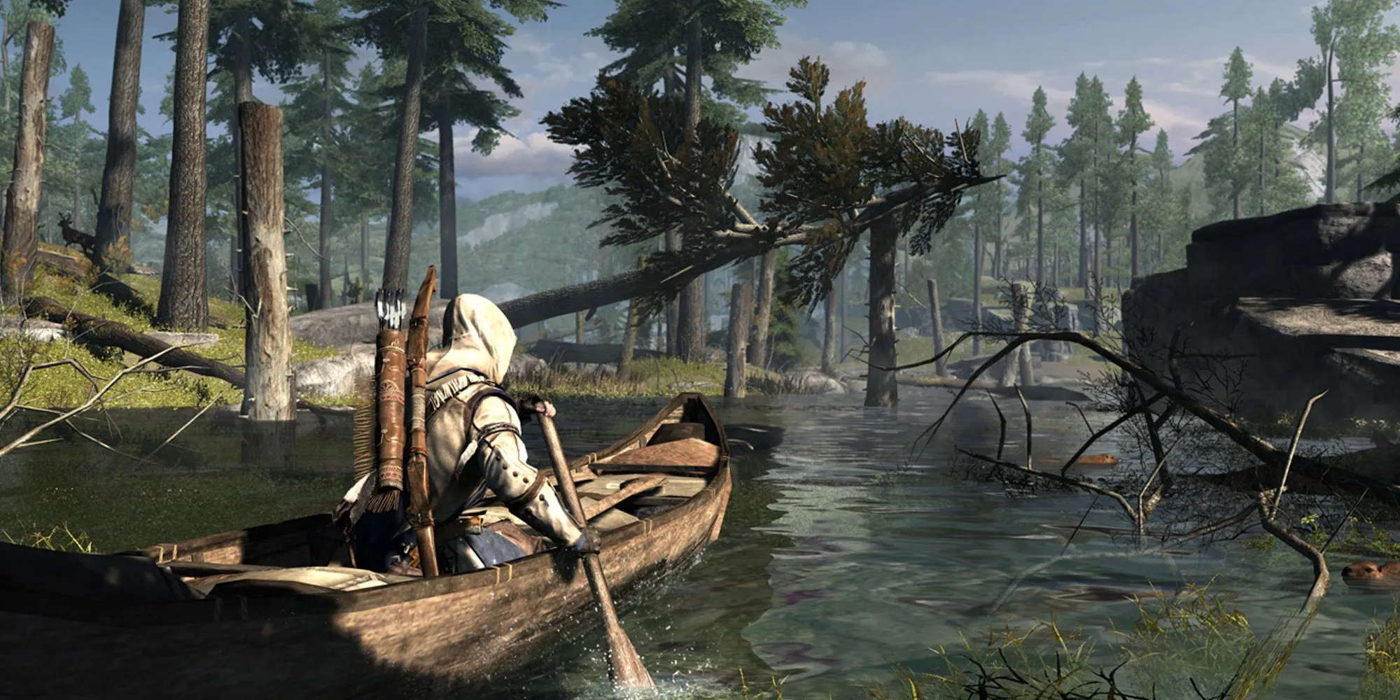 Connor Kenway chèo thuyền độc mộc qua khu rừng ở vùng biên giới trong Assassin's Creed 3.
