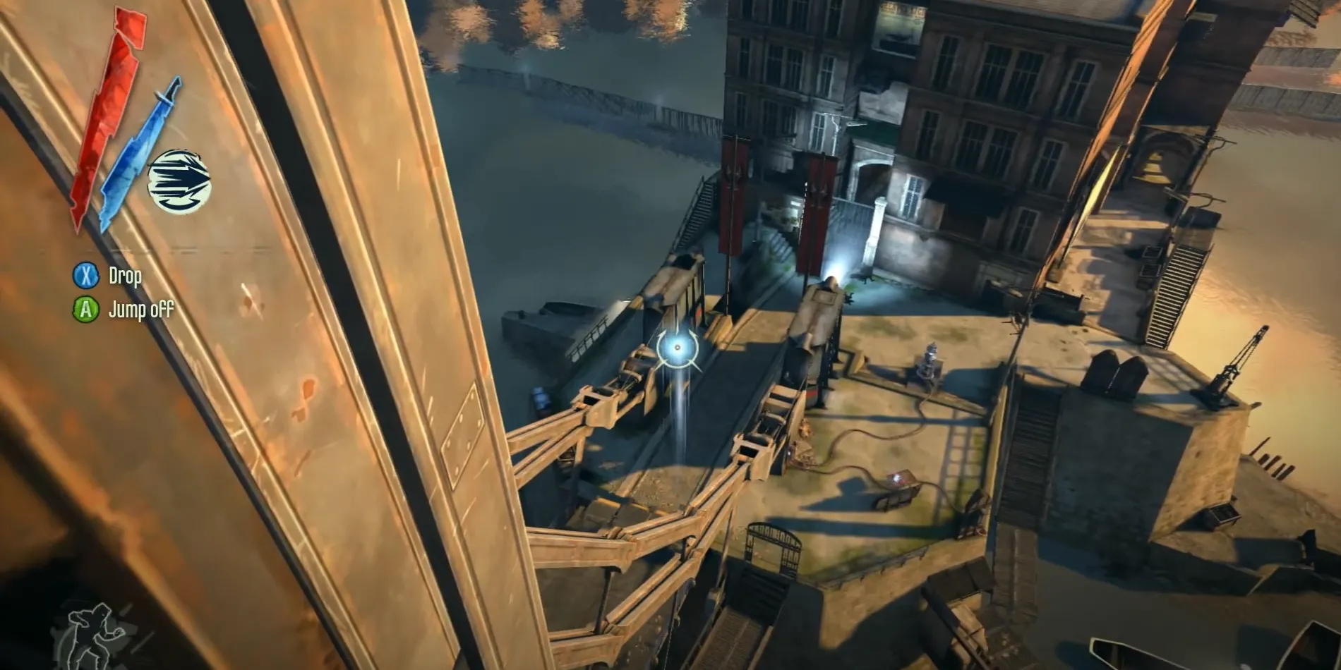 Corvo Attano sử dụng năng lực Blink để dịch chuyển trong thành phố Dunwall của Dishonored