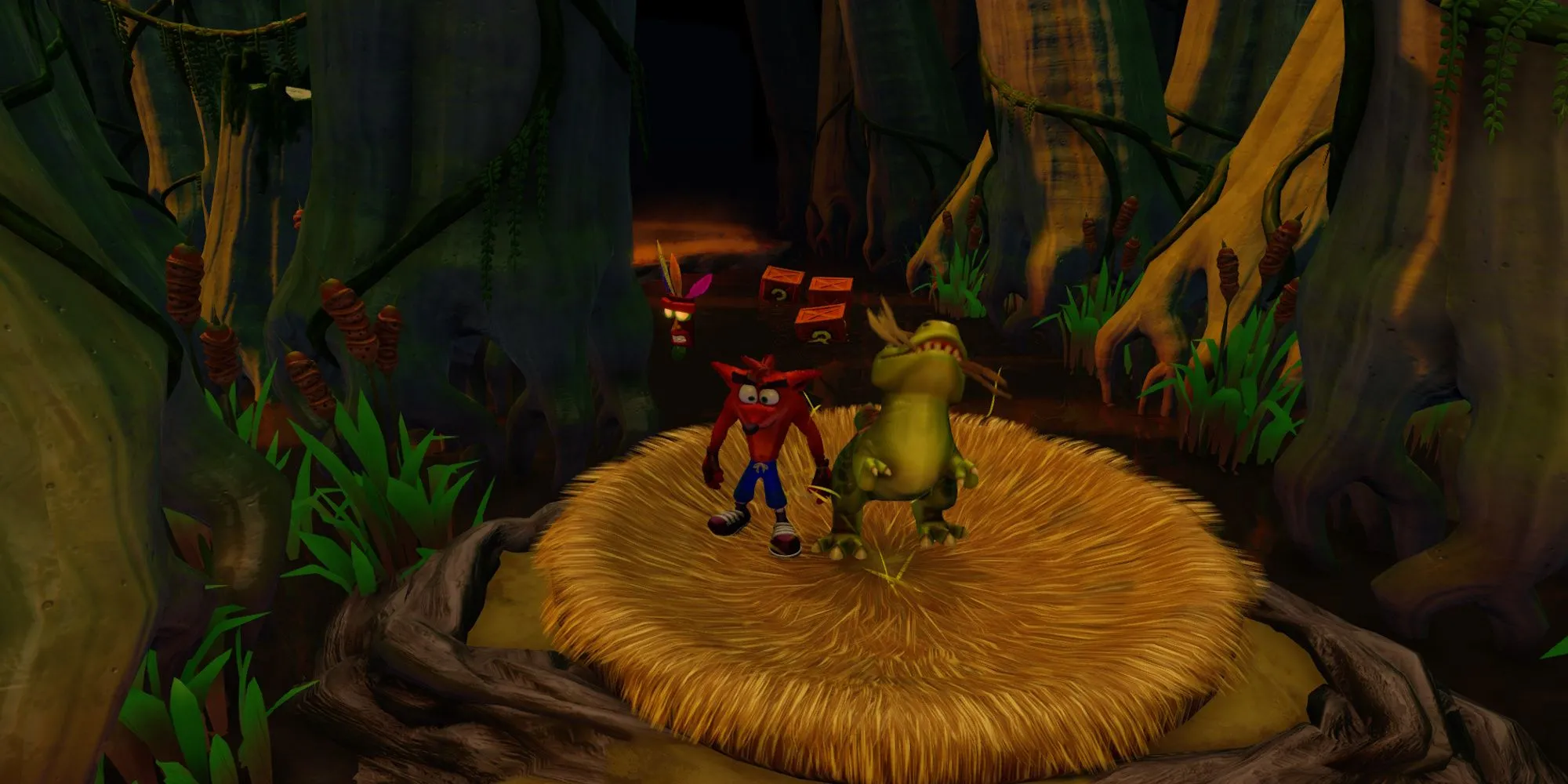 Crash cưỡi khủng long con trong màn chơi Dino Might! của Crash Bandicoot 3