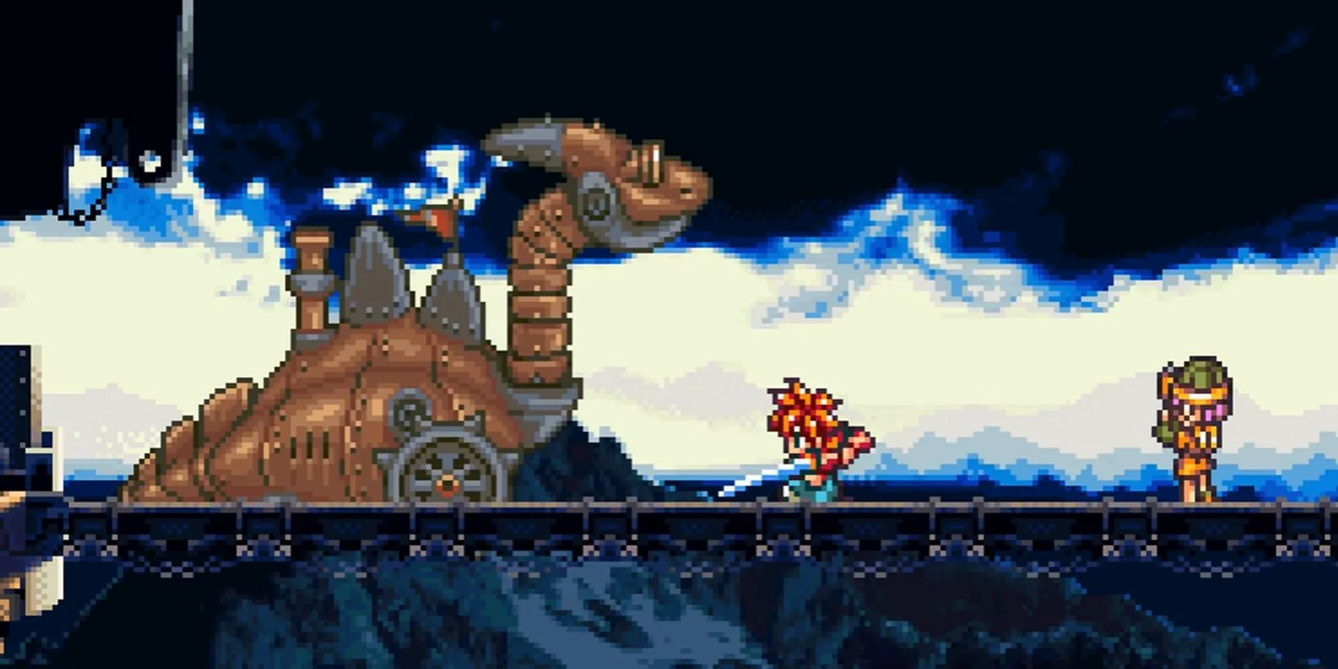 Crono và Luca đối đầu xe tăng Dragon Tank trong trận chiến Chrono Trigger SNES