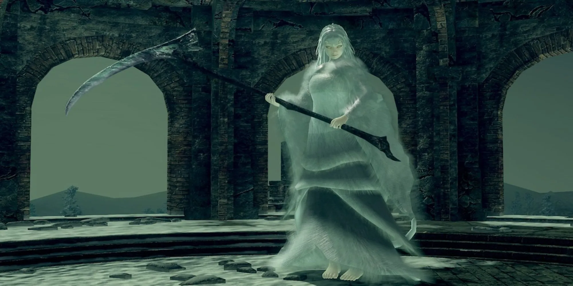 Crossbreed Priscilla Dark Souls 1 tàng hình với lưỡi hái trên nền tuyết Painted World of Ariamis