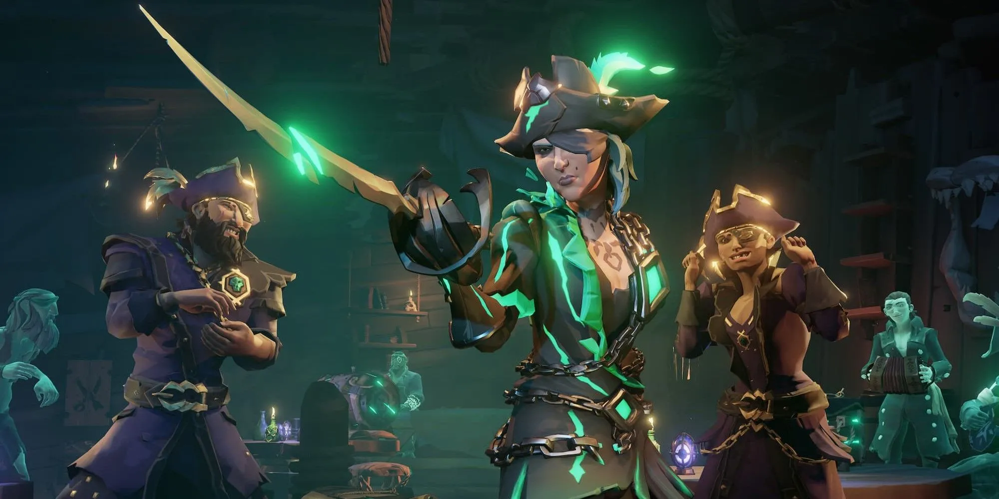 Cướp biển chỉ kiếm trên tàu trong game Sea of Thieves, hình ảnh đại diện cho hành trình tìm kiếm kho báu và cướp bóc.